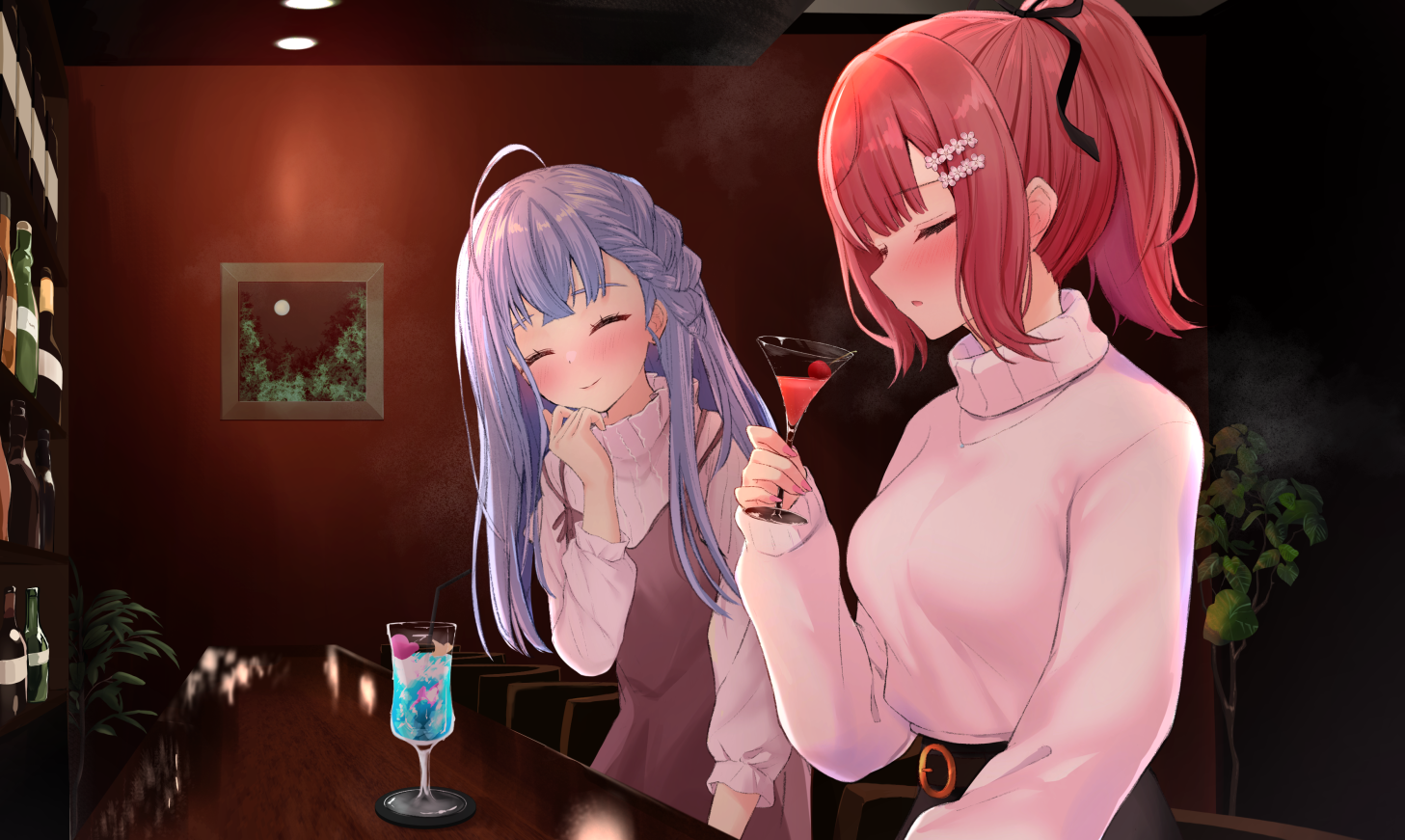 ex idol, commission, pixiv commission, variant set, 2girls, :o, ahoge, bar (place), blush, braid, breasts, brown dress, cherry, choppy bangs, closed eyes, closed mouth, cocktail, cocktail glass, crossed bangs, cup, dress, drinking glass, drinking straw, drunk, facing another, flower, food, fruit, grey sweater, hair flower, hair ornament, hair ribbon, hand up, haruka mikoto, holding, holding cup, indoors, jewelry, long hair, medium breasts, medium hair, multiple girls, necklace, open mouth, otohane lara, parted lips, picture frame, pink hair, ponytail, purple hair, ribbed sweater, ribbon, sidelocks, sideways mouth, sitting, smile, steam, steaming body, sweater, turtleneck, turtleneck sweater, utagoe housoubu, virtual youtuber