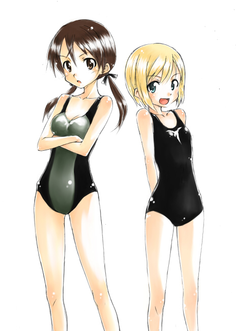hamao, erica hartmann, gertrud barkhorn, strike witches, world witches series, 00s, 2girls, blonde hair, blue eyes, brown eyes, brown hair, multiple girls, one-piece swimsuit, short hair, swimsuit, twintails