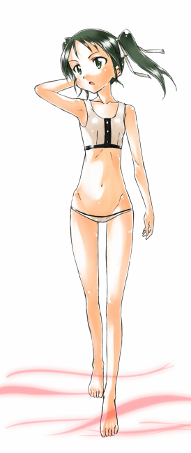 hamao, francesca lucchini, strike witches, world witches series, 00s, 1girl, armpits, barefoot, bikini, feet, female focus, flat chest, legs, skinny, slender, solo, swimsuit