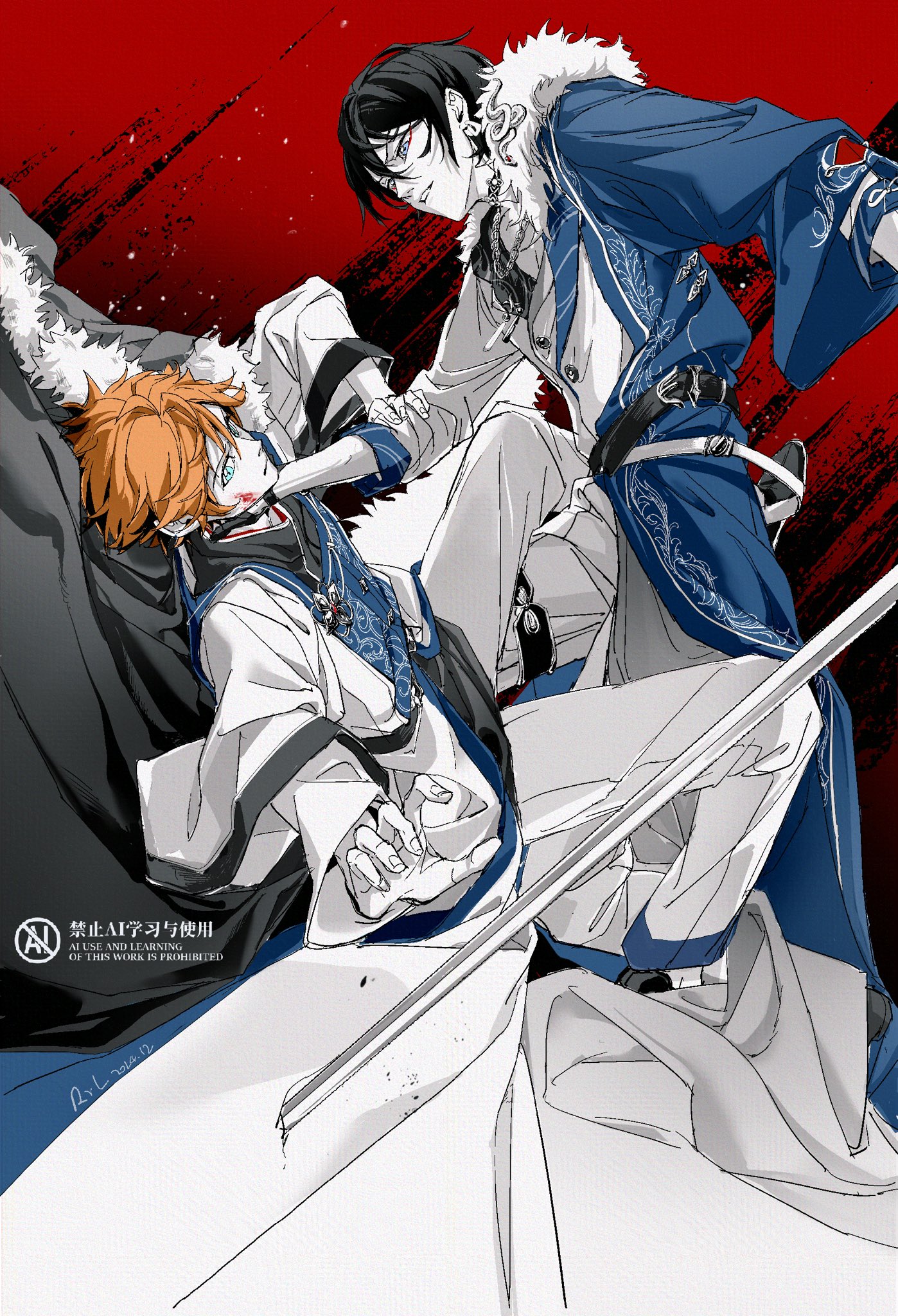 rrlhumanbeing, akehoshi subaru, hidaka hokuto, ensemble stars!, chinese commentary, commentary, highres, 2boys, black hair, blood, blood on face, brooch, closed mouth, eyeliner, fur-trimmed jacket, fur trim, hair between eyes, hand on another's arm, hand on another's neck, jacket, jewelry, light particles, long coat, long sleeves, looking at another, lying, makeup, male focus, multiple boys, on back, orange hair, outstretched arm, parted lips, red eyeliner, short hair, smile, strangling, watermark