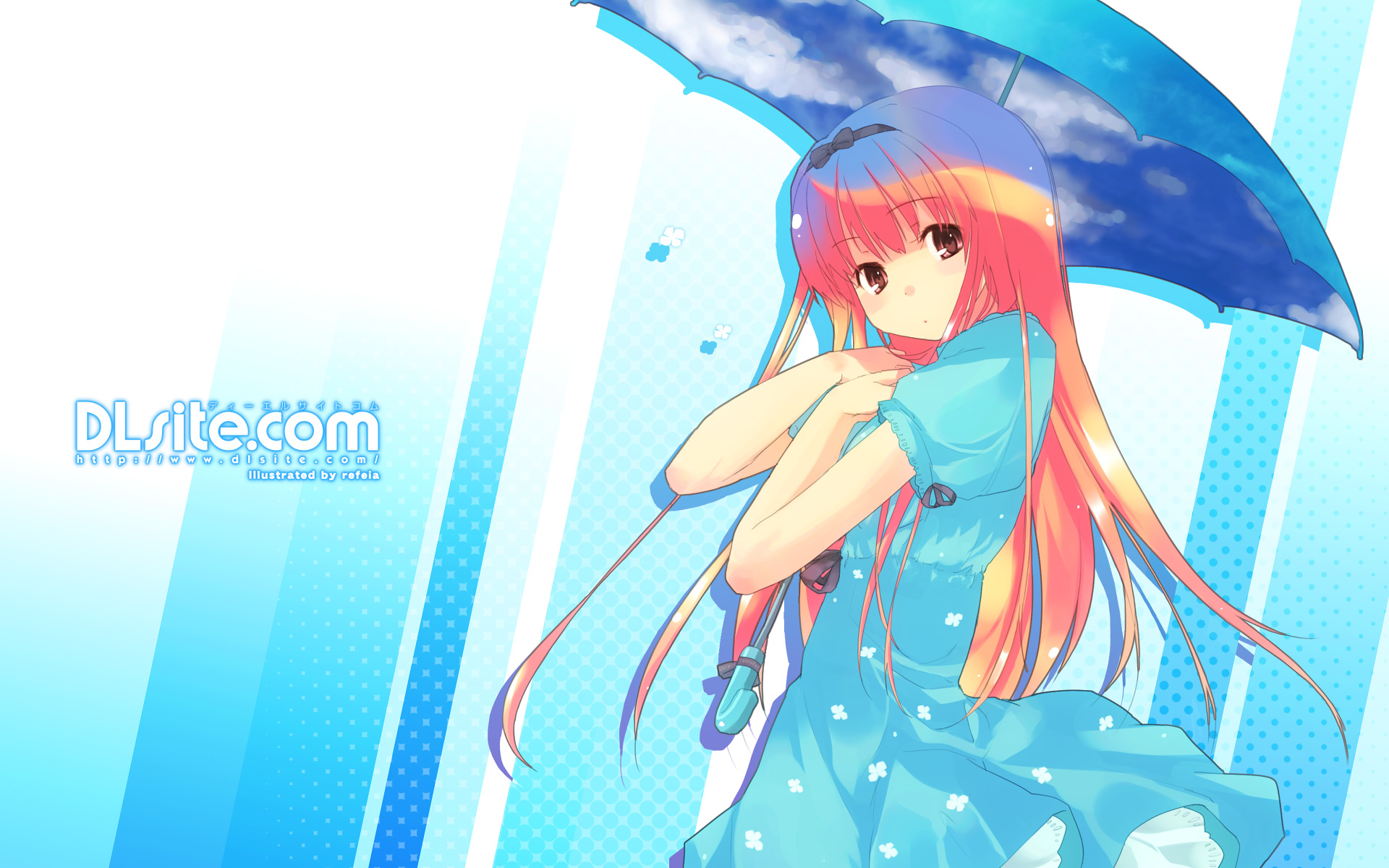 refeia, dille blood, dlsite.com, highres, 1girl, :o, blue dress, bow, dress, female focus, hairband, orange hair, petticoat, red eyes, solo, umbrella