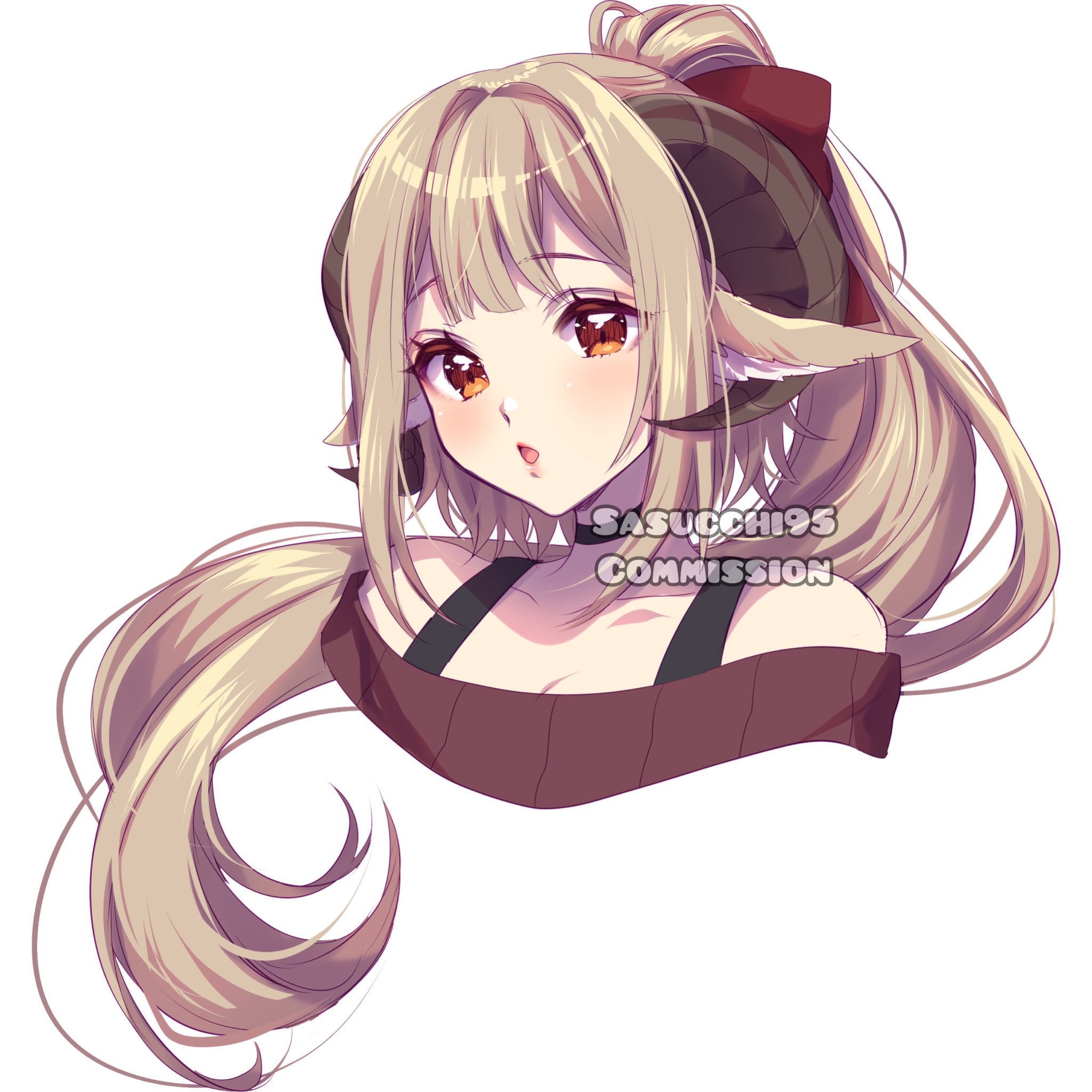 sasucchi95, original, commentary, commission, english commentary, highres, 1girl, :o, animal ears, artist name, bare shoulders, black choker, blonde hair, bra strap, brown horns, brown sweater, center-flap bangs, choker, collarbone, cropped shoulders, deer ears, hair between eyes, high ponytail, horns, long hair, looking at viewer, off-shoulder sweater, off shoulder, open mouth, orange eyes, ponytail, sidelocks, simple background, solo, sweater, tongue, very long hair, watermark, white background