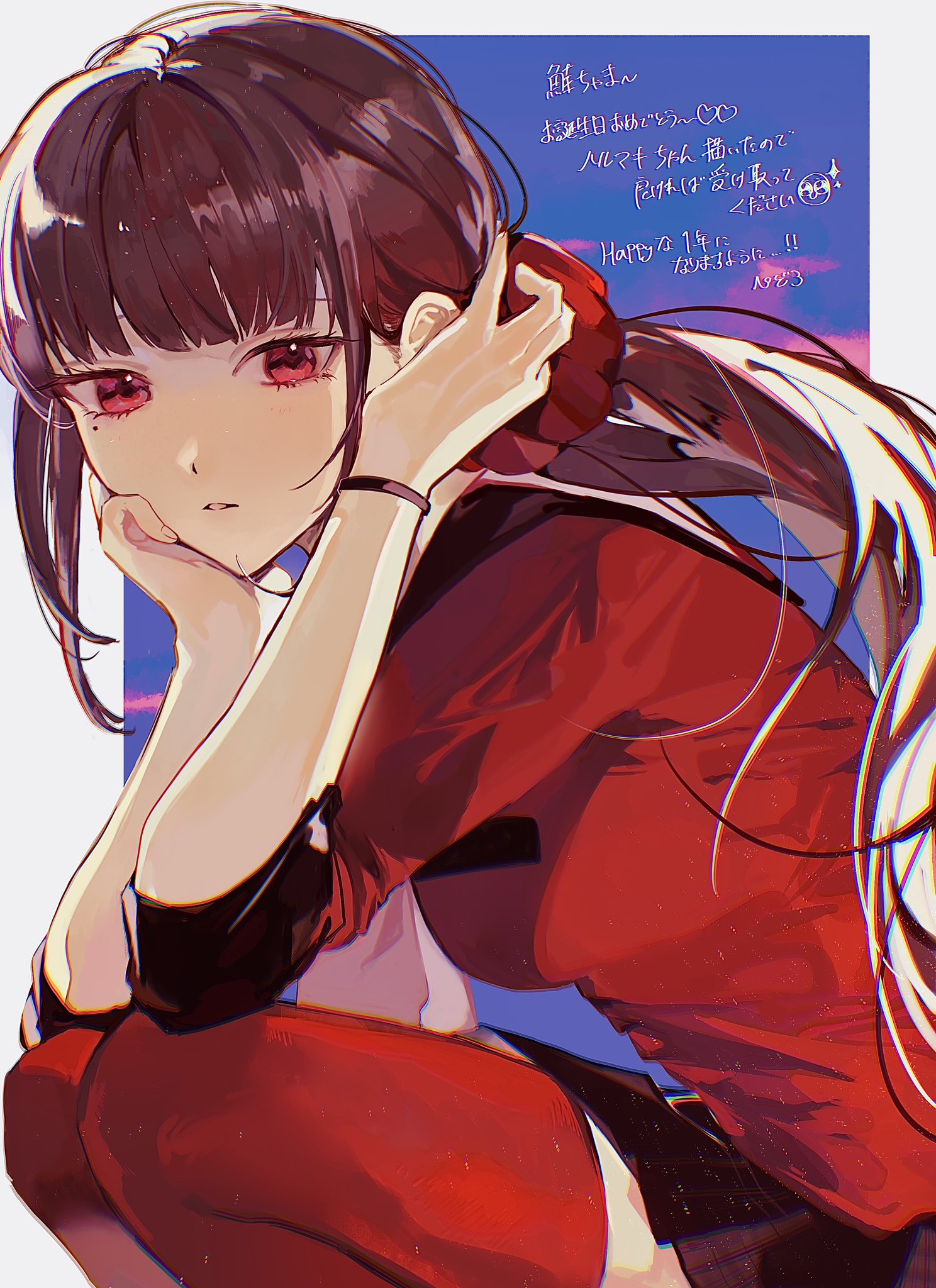 harukawa maki, danganronpa (series), danganronpa v3: killing harmony, commentary request, highres, translation request, 1girl, black hair, black sailor collar, black skirt, blue background, border, long hair, mole, mole under eye, outside border, pleated skirt, red eyes, red shirt, red thighhighs, sailor collar, shirt, simple background, skirt, solo, thighhighs, twintails, white border, xy3bu
