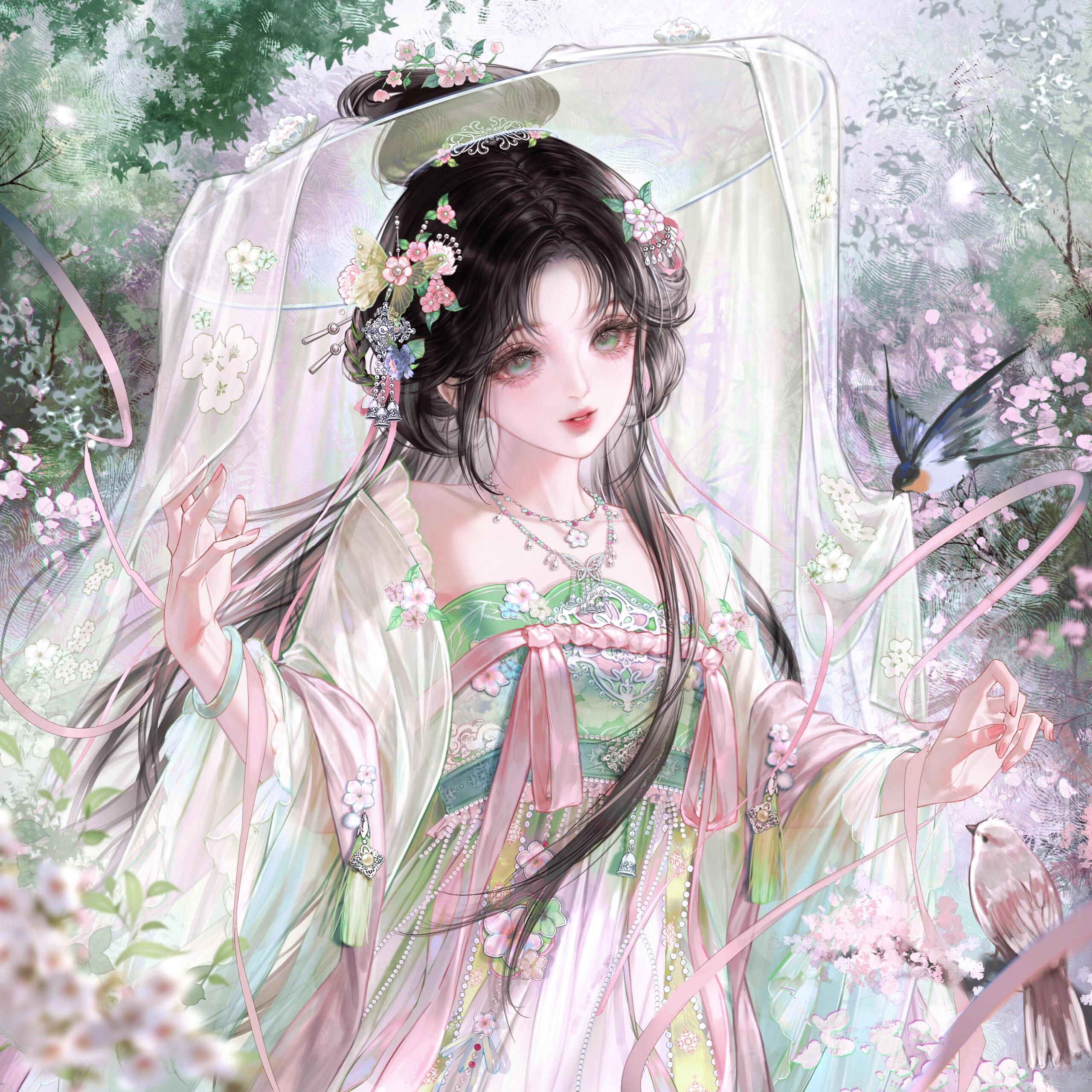 gloriash, original, absurdres, highres, 1girl, bird, black hair, branch, chinese clothes, dress, flower, green dress, green eyes, hair flower, hair ornament, hanfu, jewelry, long hair, necklace, ribbon, solo, upper body