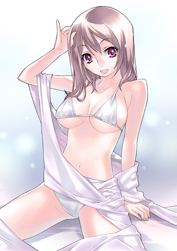 kousaki rui, original, 1girl, bikini, blush, brown hair, collarbone, female focus, looking at viewer, red eyes, short hair, sitting, solo, spread legs, swimsuit, white bikini