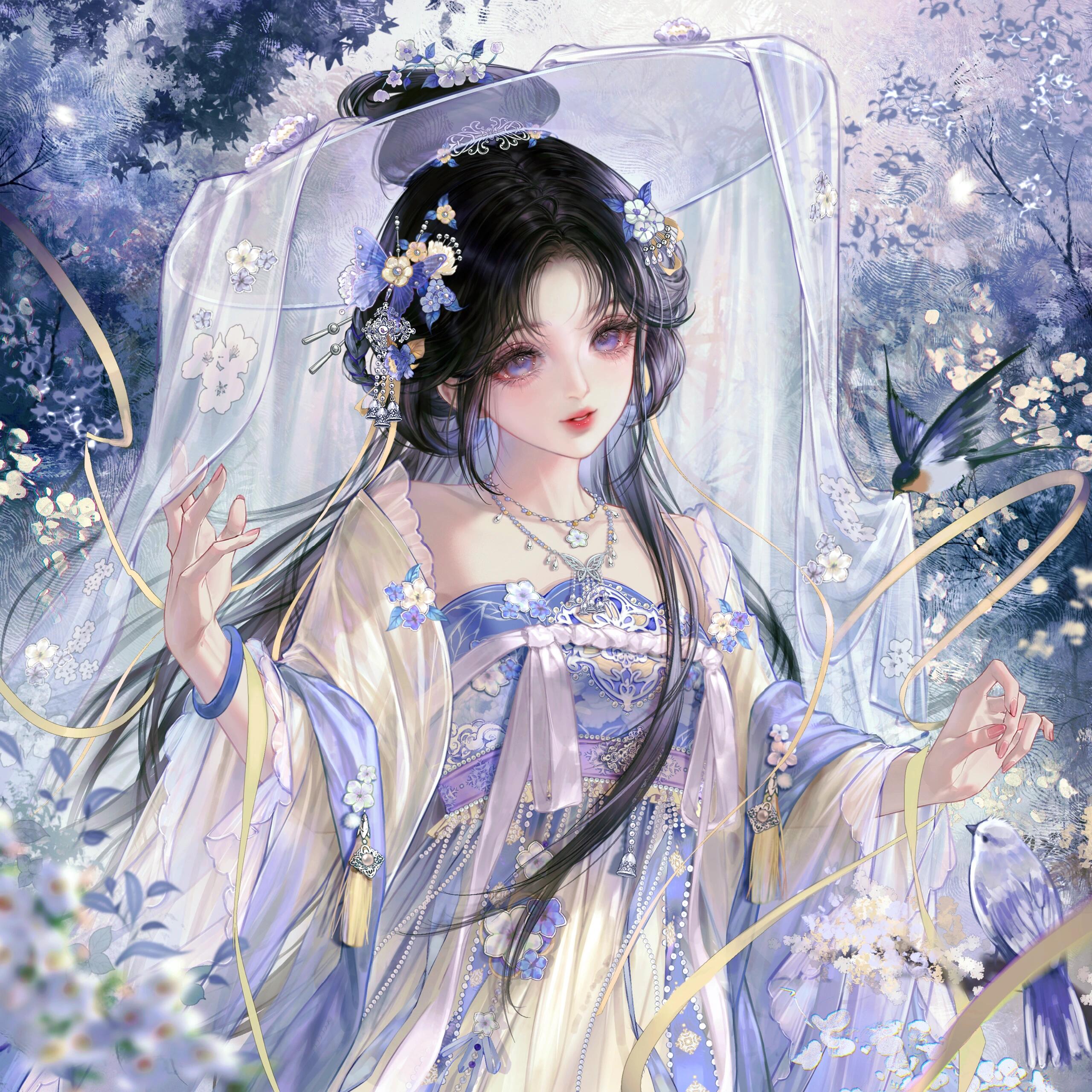 gloriash, original, absurdres, highres, 1girl, bird, black hair, chinese clothes, dress, flower, hair flower, hair ornament, jewelry, long hair, long sleeves, necklace, ribbon, solo, upper body