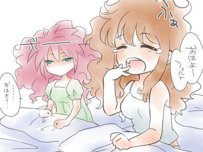 plum (arch), christina sierra, feldt grace, gundam, gundam 00, lowres, translated, 00s, brown hair, chibi, messy hair, pink hair, sleepy, yawning