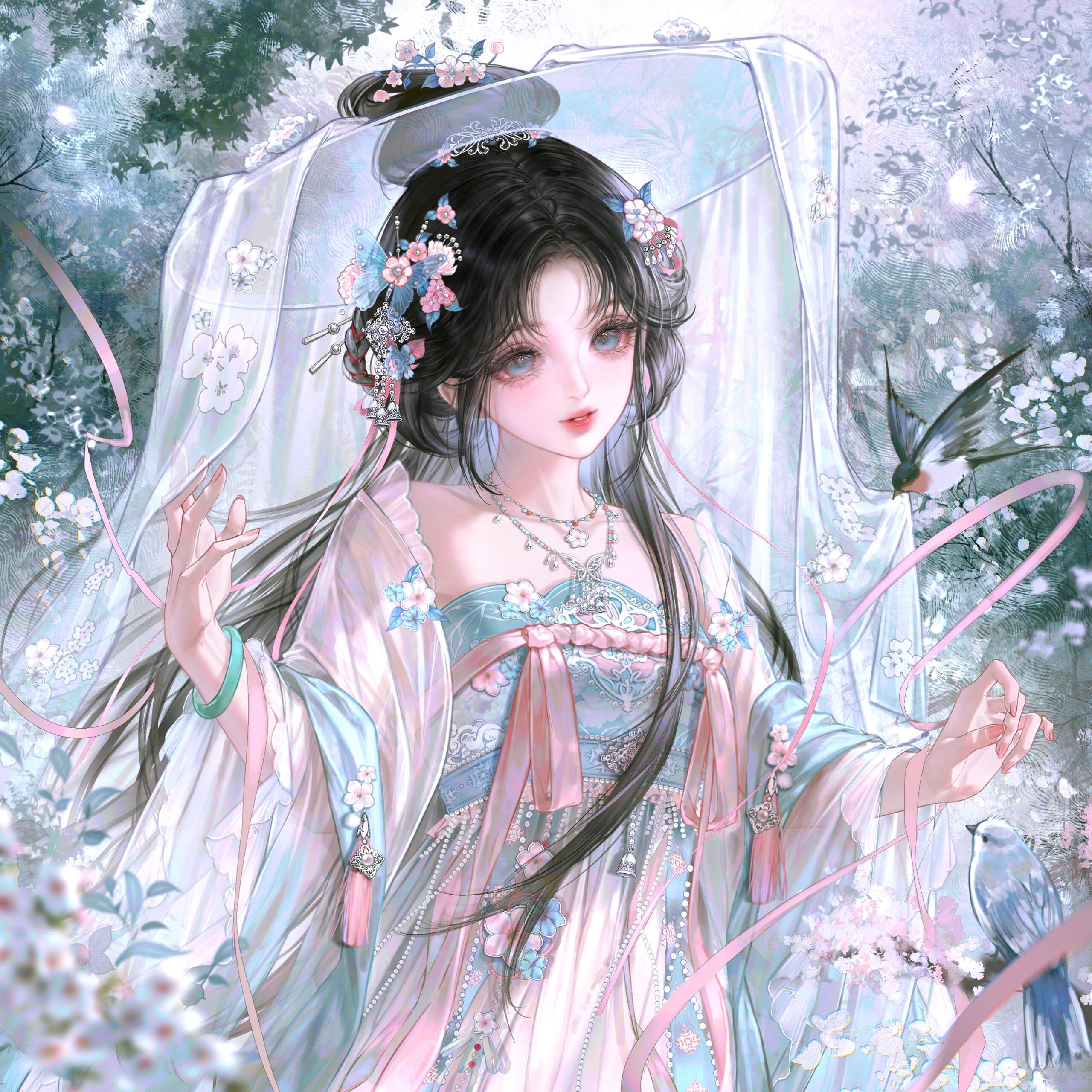 gloriash, original, absurdres, highres, 1girl, bird, black hair, blue eyes, branch, chinese clothes, dress, flower, hair bun, hair flower, hair ornament, hanfu, jewelry, long hair, long sleeves, necklace, ribbon, solo, upper body