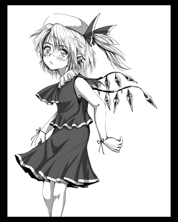 asuima, flandre scarlet, touhou, 1girl, blouse, female focus, from side, greyscale, hair between eyes, hat, monochrome, shirt, simple background, skirt, sleeveless, sleeveless shirt, solo, white background, wings