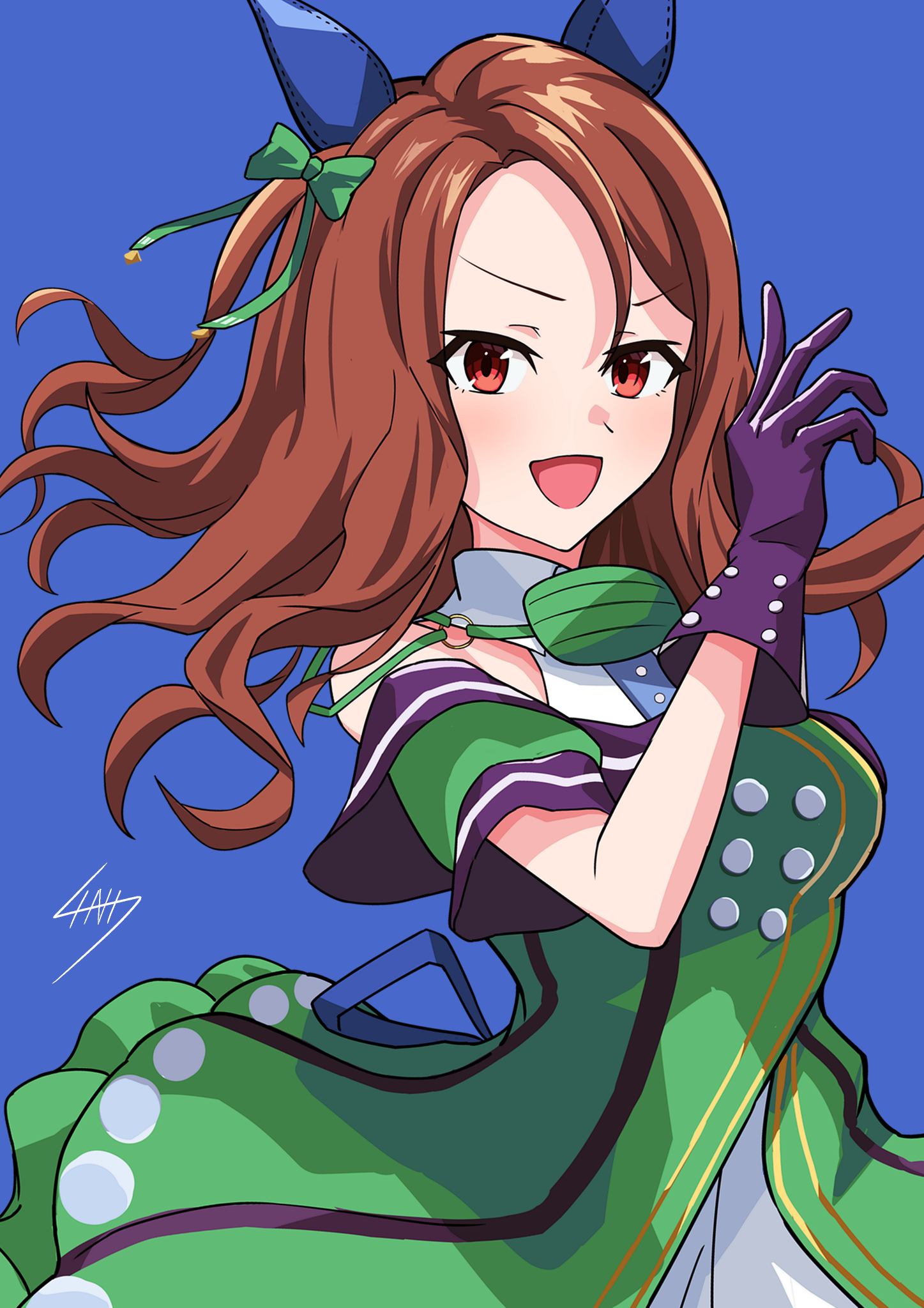 sinsi aaa, king halo (king of emeralds) (umamusume), king halo (umamusume), umamusume, highres, 1girl, animal ears, blue background, brown hair, buttons, dress, ear covers, gloves, green dress, horse ears, horse girl, looking at viewer, open mouth, purple gloves, red eyes, smile, solo