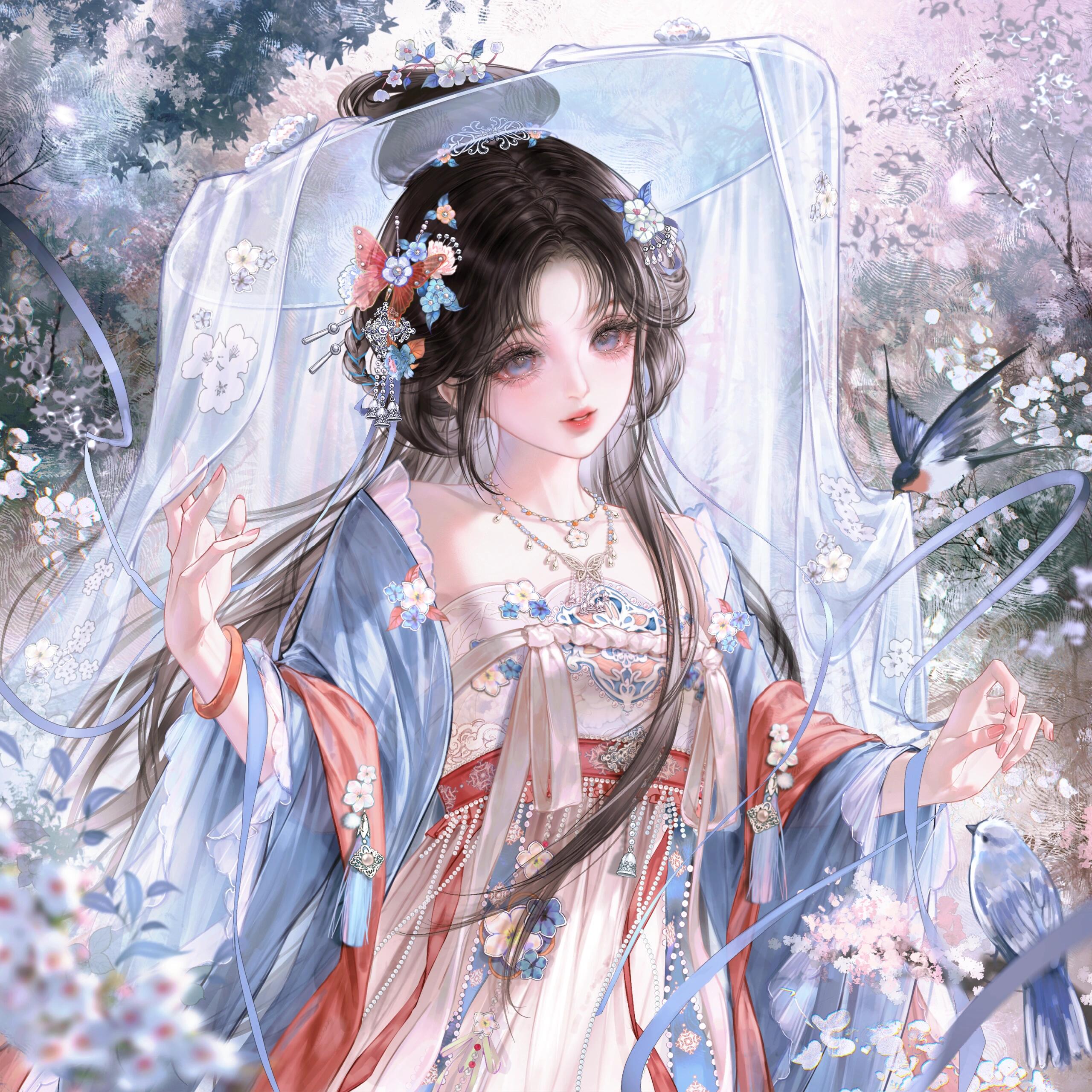 gloriash, original, absurdres, highres, 1girl, bird, black hair, branch, brown hair, chinese clothes, dress, flower, hair flower, hair ornament, hanfu, jewelry, long hair, long sleeves, necklace, solo, upper body