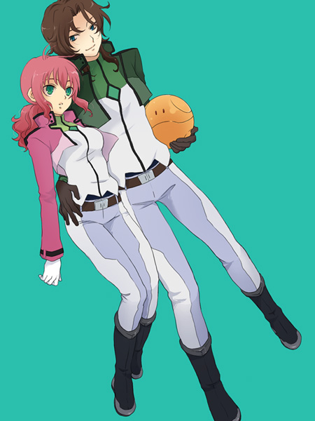 plum (arch), feldt grace, haro, lockon stratos, lyle dylandy, gundam, gundam 00, 00s, 1boy, 1girl, belt, boots, brown hair, couple, gloves, hetero, pink hair