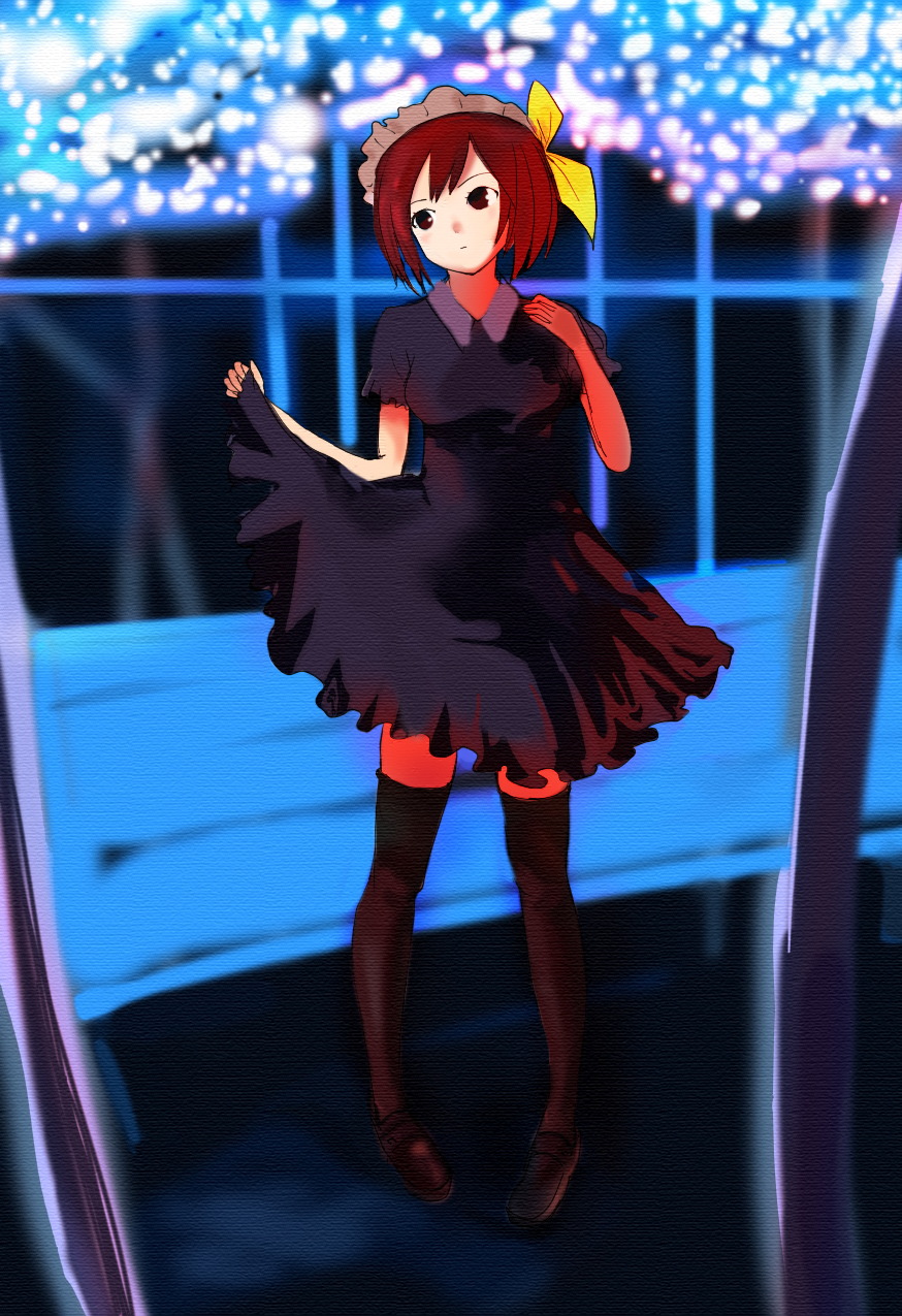 tsukino hp, original, highres, 1girl, female focus, red hair, short hair, solo, thighhighs, zettai ryouiki