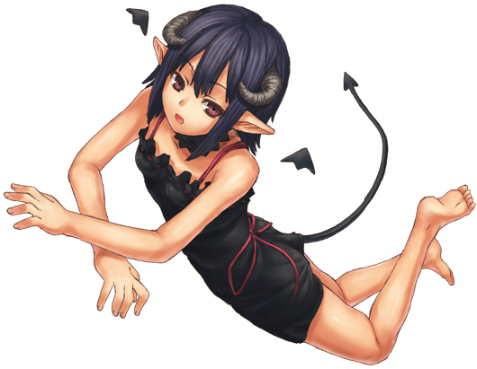 shouhei, original, 1girl, barefoot, blue hair, brown eyes, camisole, demon girl, demon tail, detached wings, feet, female focus, horns, lying, on stomach, open mouth, pointy ears, short hair, simple background, solo, tail, white background, wings