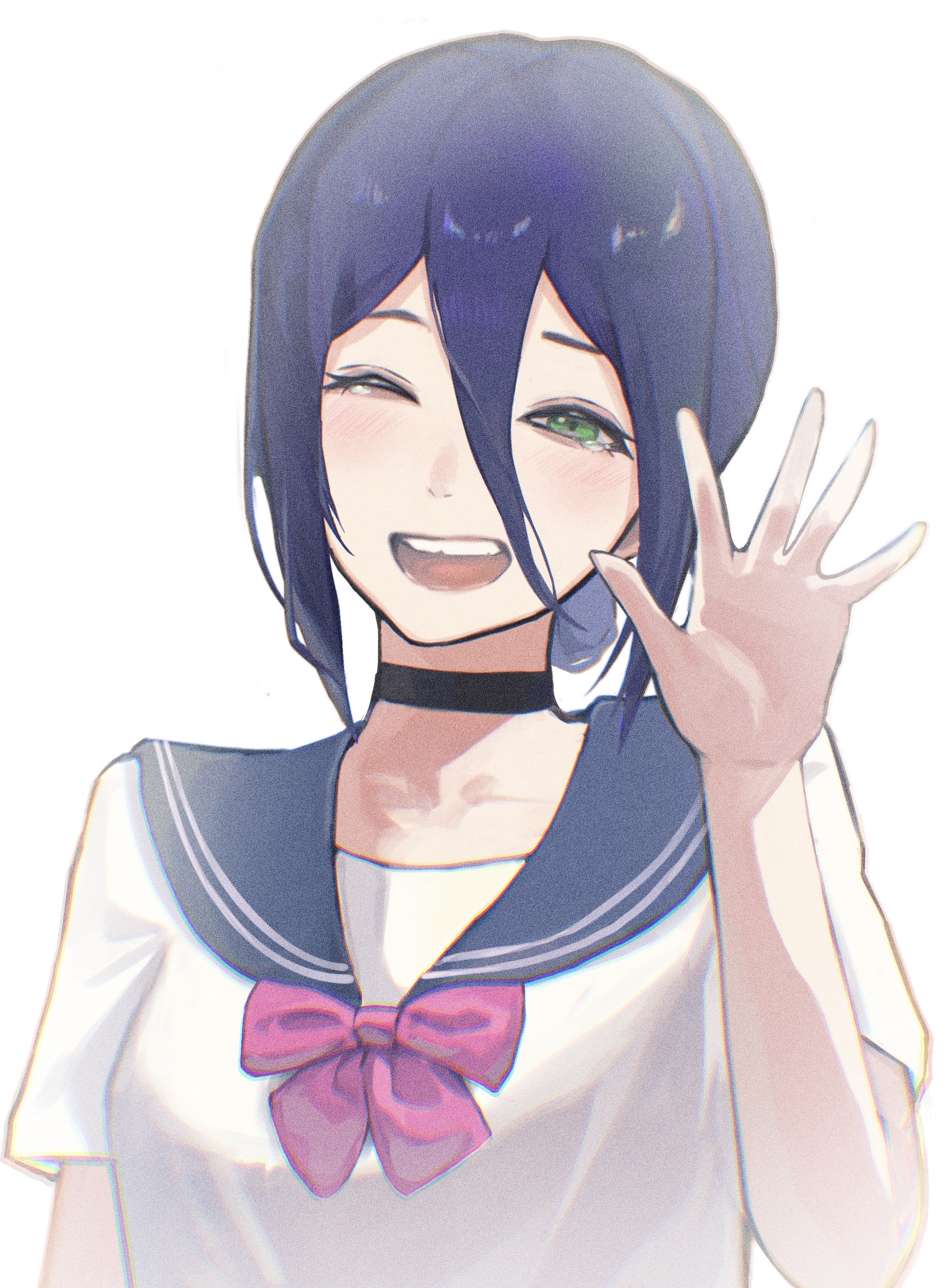 sakuranuts00, reze (chainsaw man), chainsaw man, absurdres, highres, 1girl, ;d, black choker, blue hair, blue sailor collar, bow, choker, green eyes, hair between eyes, hand up, one eye closed, open mouth, pink bow, sailor collar, school uniform, serafuku, simple background, smile, solo, teeth, waving, white background