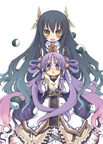 kawahara megumi, original, lowres, 2girls, :d, black hair, blush, brown eyes, dress, fantasy, hair ornament, hair rings, headgear, long hair, long sleeves, multiple girls, open mouth, purple eyes, purple hair, smile, very long hair, white background, white dress, yellow eyes