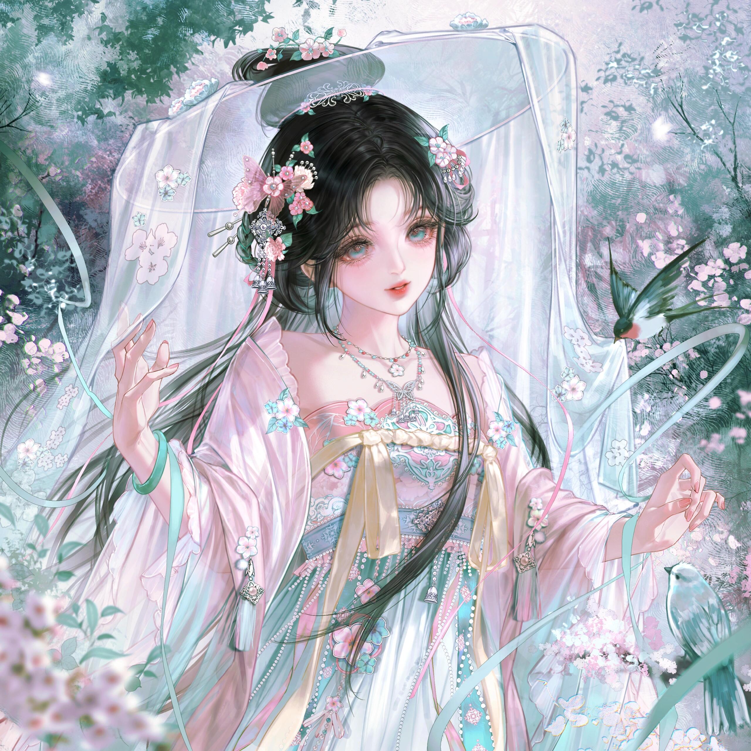 gloriash, original, absurdres, highres, 1girl, bird, black hair, branch, chinese clothes, dress, flower, hair flower, hair ornament, hanfu, jewelry, long hair, long sleeves, necklace, solo, upper body