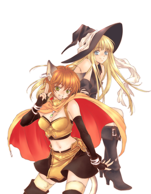 original, 2girls, animal ears, bare shoulders, blonde hair, blue eyes, boots, breasts, buckle, cape, cat ears, cat tail, cleavage, elbow gloves, fantasy, fingerless gloves, gloves, green eyes, hat, long hair, multiple girls, navel, orange hair, short hair, smile, tail, thighhighs, witch, witch hat, yellow eyes, zettai ryouiki