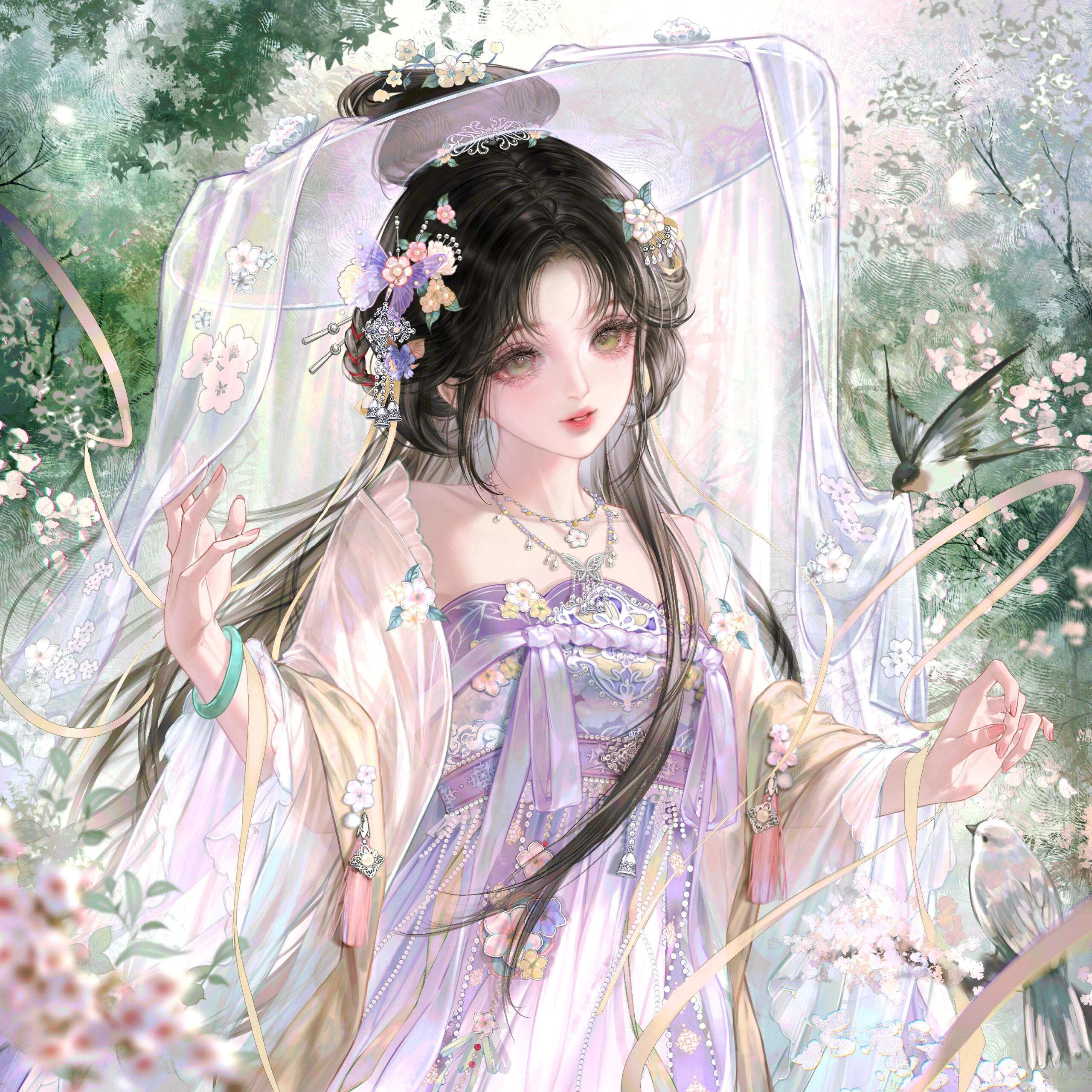gloriash, original, absurdres, highres, 1girl, bird, black hair, bracelet, branch, chinese clothes, dress, flower, hair bun, hair flower, hair ornament, jewelry, long hair, necklace, solo, upper body