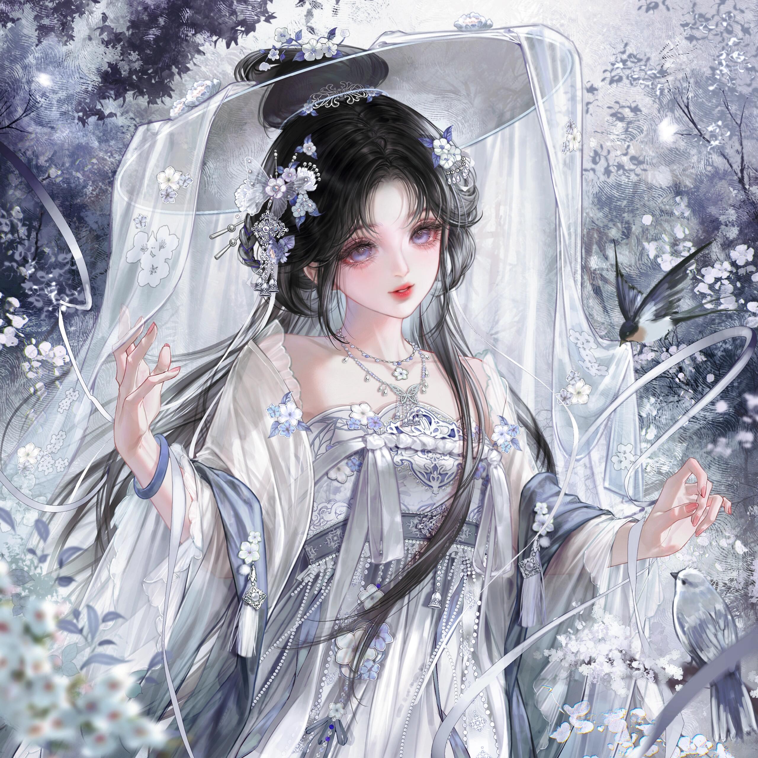 gloriash, original, absurdres, highres, 1girl, bird, black hair, branch, chinese clothes, dress, flower, hair flower, hair ornament, jewelry, long hair, necklace, solo, upper body, white dress