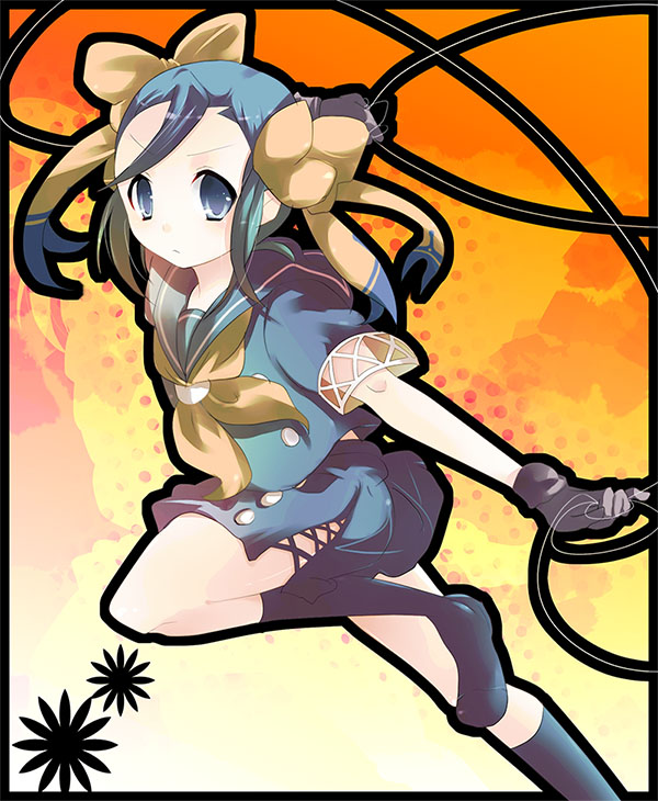 kurohara yuu, yukariki ichihime, zaregoto series, 1girl, black gloves, black socks, blue eyes, blue hair, blush, cross-laced clothes, female focus, gloves, kneehighs, looking at viewer, matching hair/eyes, neckerchief, running, school uniform, serafuku, short sleeves, socks, solo, tareme