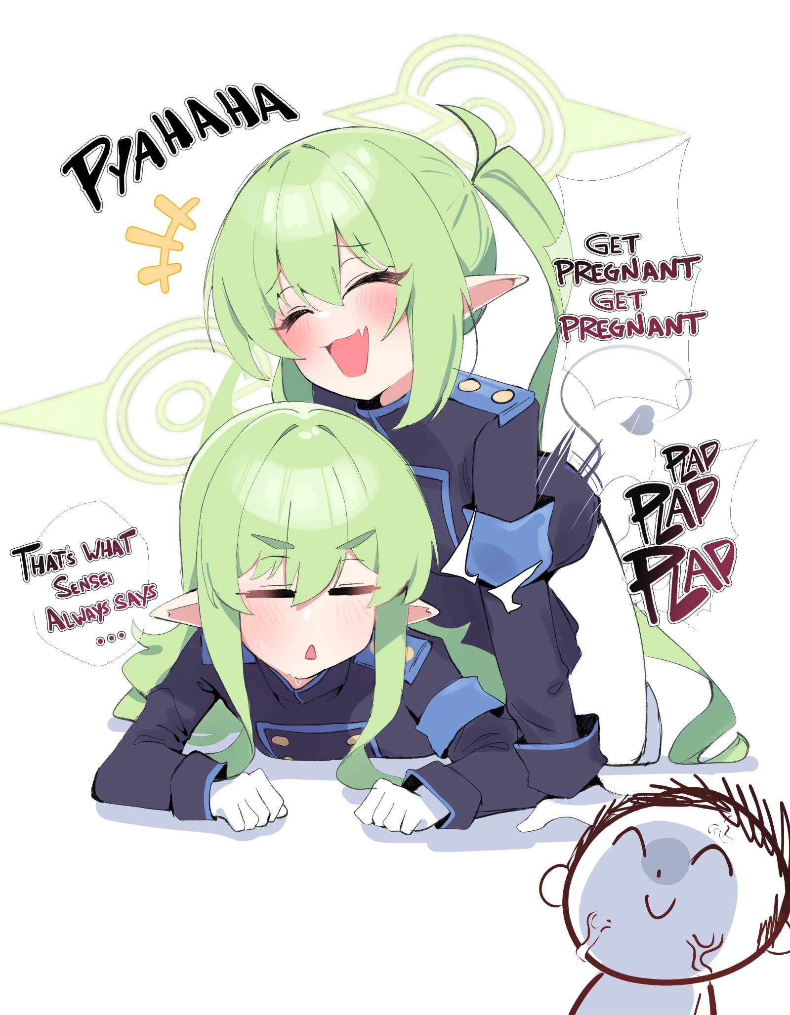 gen (unzzenasd), doodle sensei (blue archive), hikari (blue archive), nozomi (blue archive), sensei (blue archive), blue archive, highres, 1boy, 2girls, armband, black jacket, blue armband, closed eyes, demon tail, dry humping, english text, fang, gloves, green hair, green halo, hair between eyes, halo, humping, jacket, long hair, long sleeves, meme, multiple girls, open mouth, pantyhose, plap plap plap get pregnant (meme), pointy ears, siblings, sisters, skin fang, smile, tail, triangle mouth, twintails, white gloves, white pantyhose, yuri