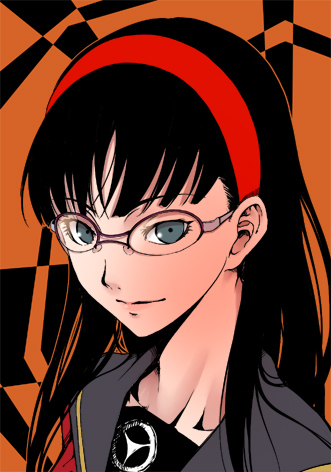 maybe, amagi yukiko, atlus, persona, persona 4, lowres, 1girl, aqua eyes, black hair, blunt bangs, close-up, female focus, glasses, hairband, lipstick, long hair, looking at viewer, makeup, school uniform, serafuku, smile, solo