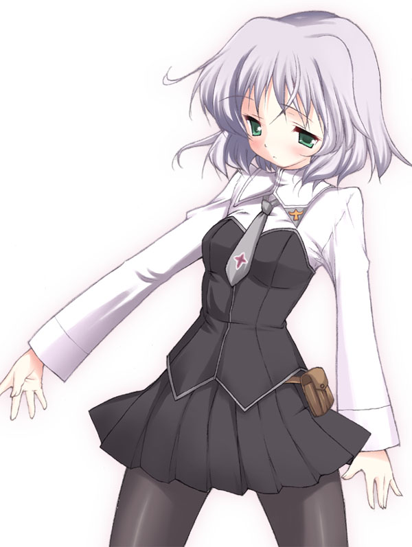 nishikiori jin, nishikiori kami, sanya v. litvyak, strike witches, world witches series, silver hair, 00s, 1girl, bag, black pantyhose, blush, female focus, green eyes, military, military uniform, necktie, pantyhose, short hair, simple background, skirt, solo, white background