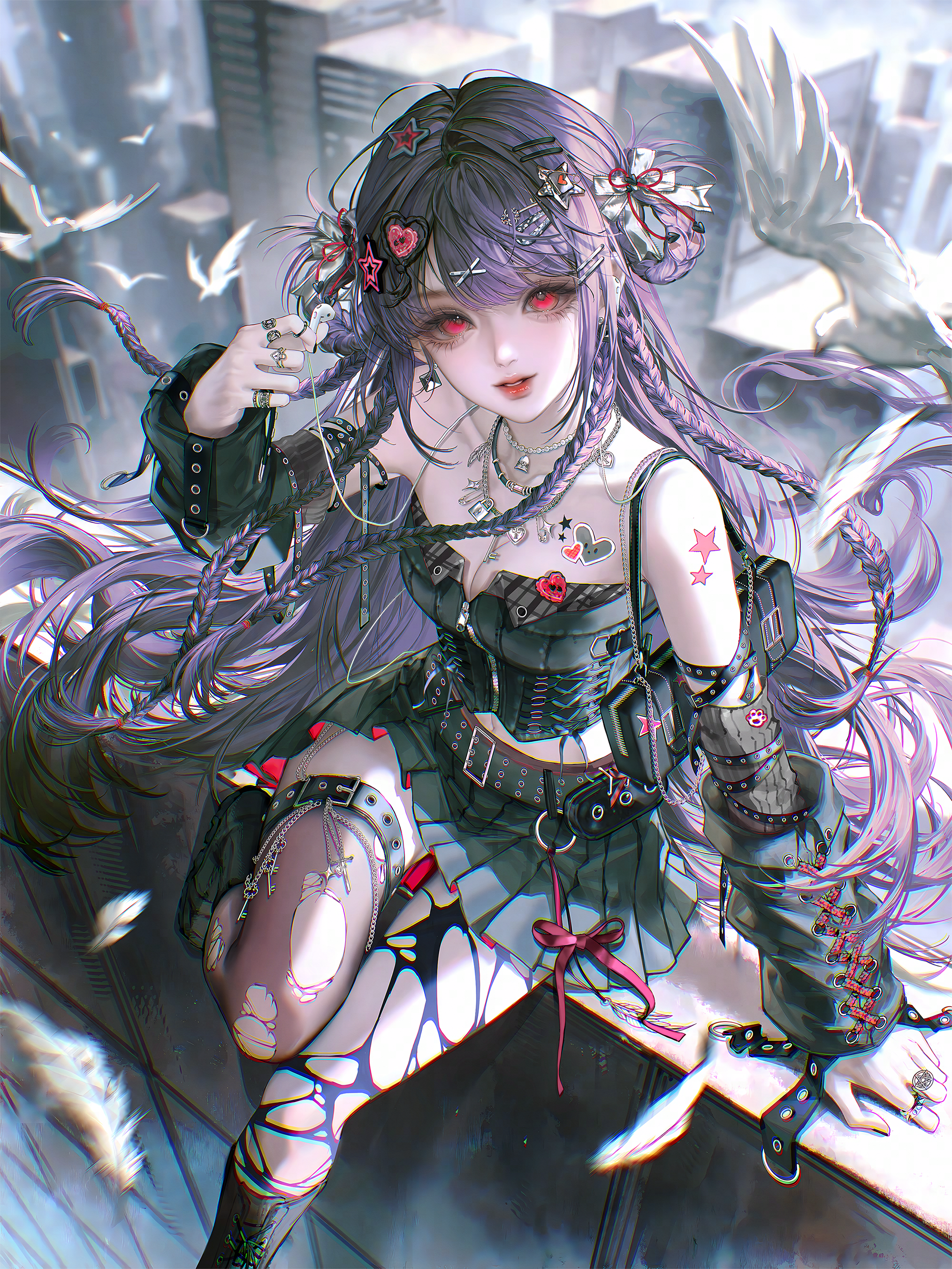 gloriash, original, absurdres, highres, 1girl, bare shoulders, belt, bird, black shirt, black skirt, blurry, bow, braid, breasts, buckle, building, chain, cleavage, cross, detached sleeves, dove, feathers, hair orament, hair ornament, hair ribbon, hair rings, hairclip, heart, heart hair ornament, heart tattoo, jacket, jewelry, long hair, long sleeves, looking at viewer, medium breasts, midriff, miniskirt, nail polish, necklace, outdoors, piercing, pleated skirt, purple hair, red eyes, red lips, ribbon, ring, shirt, sitting, skirt, solo, tattoo, thigh strap, thighhighs, torn clothes, torn thighhighs, very long hair, x hair ornament
