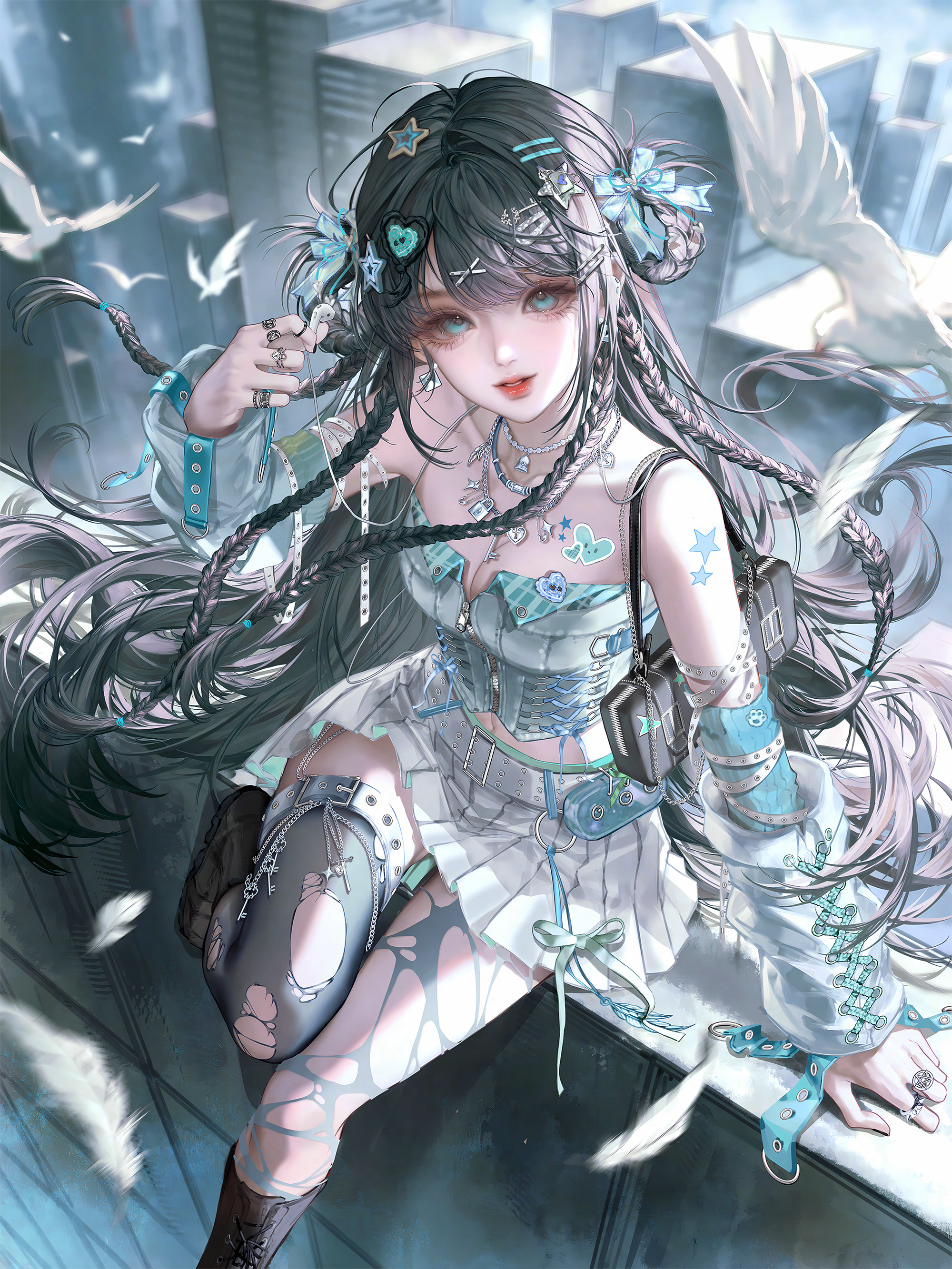 gloriash, original, absurdres, highres, 1girl, bag, bare shoulders, belt, bird, black hair, blue eyes, blurry, boots, bow, braid, breasts, building, cleavage, detached sleeves, dove, feathers, hair bow, hair orament, hair ornament, hairclip, heart, jewelry, long hair, looking at viewer, makeup, medium breasts, multiple rings, necklace, pleated skirt, ribbon, ring, sitting, skirt, solo, star (symbol), star hair ornament, star symbol, tattoo, thighhighs, torn clothes, torn thighhighs, twin braids, very long hair, white skirt, x hair ornament