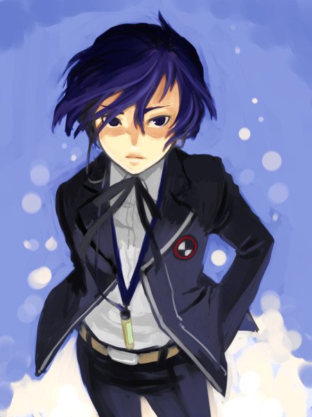 namekata fumiaki, yuuki makoto (persona 3), atlus, persona, persona 3, clothes, 1boy, belt, blue background, blue eyes, blue hair, closed mouth, digital media player, digital walkman, hand in pocket, headphones, jacket, lips, looking to the side, male focus, matching hair/eyes, open clothes, open jacket, school uniform, solo, standing, walkman nw-s203f