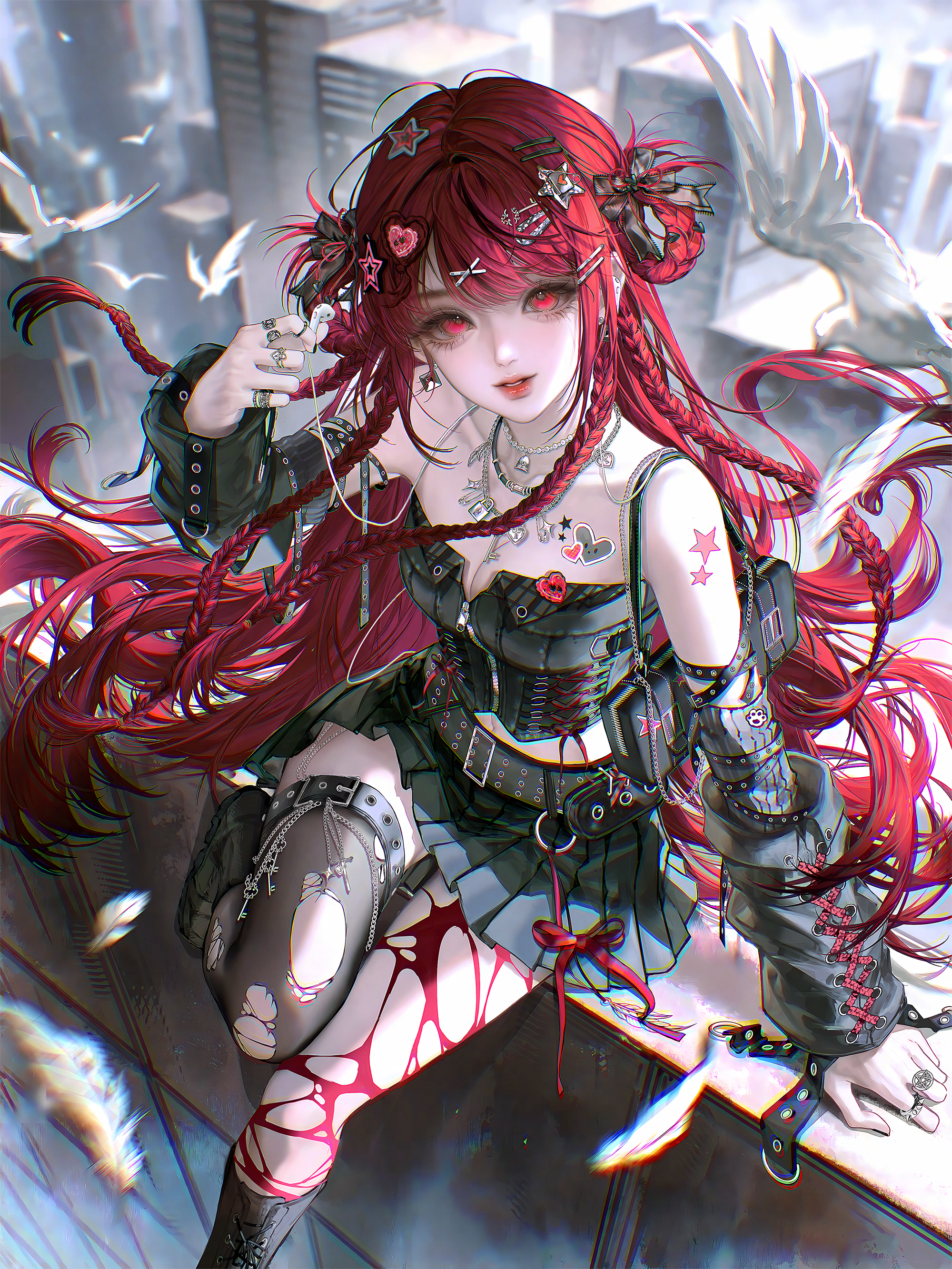 gloriash, original, absurdres, highres, 1girl, bare shoulders, belt, bird, black bow, black jacket, black skirt, black thighhighs, blurry, boots, bow, braid, breasts, buckle, building, chain, chromatic aberration, cleavage, cross, day, detached sleeves, dove, earrings, feathers, floating hair, hair bow, hair orament, hair ornament, hairclip, hand up, heart, holding, jacket, jewelry, long hair, long sleeves, looking at viewer, medium breasts, miniskirt, multiple rings, necklace, outdoors, piercing, pleated skirt, red eyes, red hair, red lips, ribbon, ring, shirt, sitting, skirt, solo, star symbol, tattoo, thigh strap, thighhighs, tongue, torn clothes, torn thighhighs, very long hair, x hair ornament