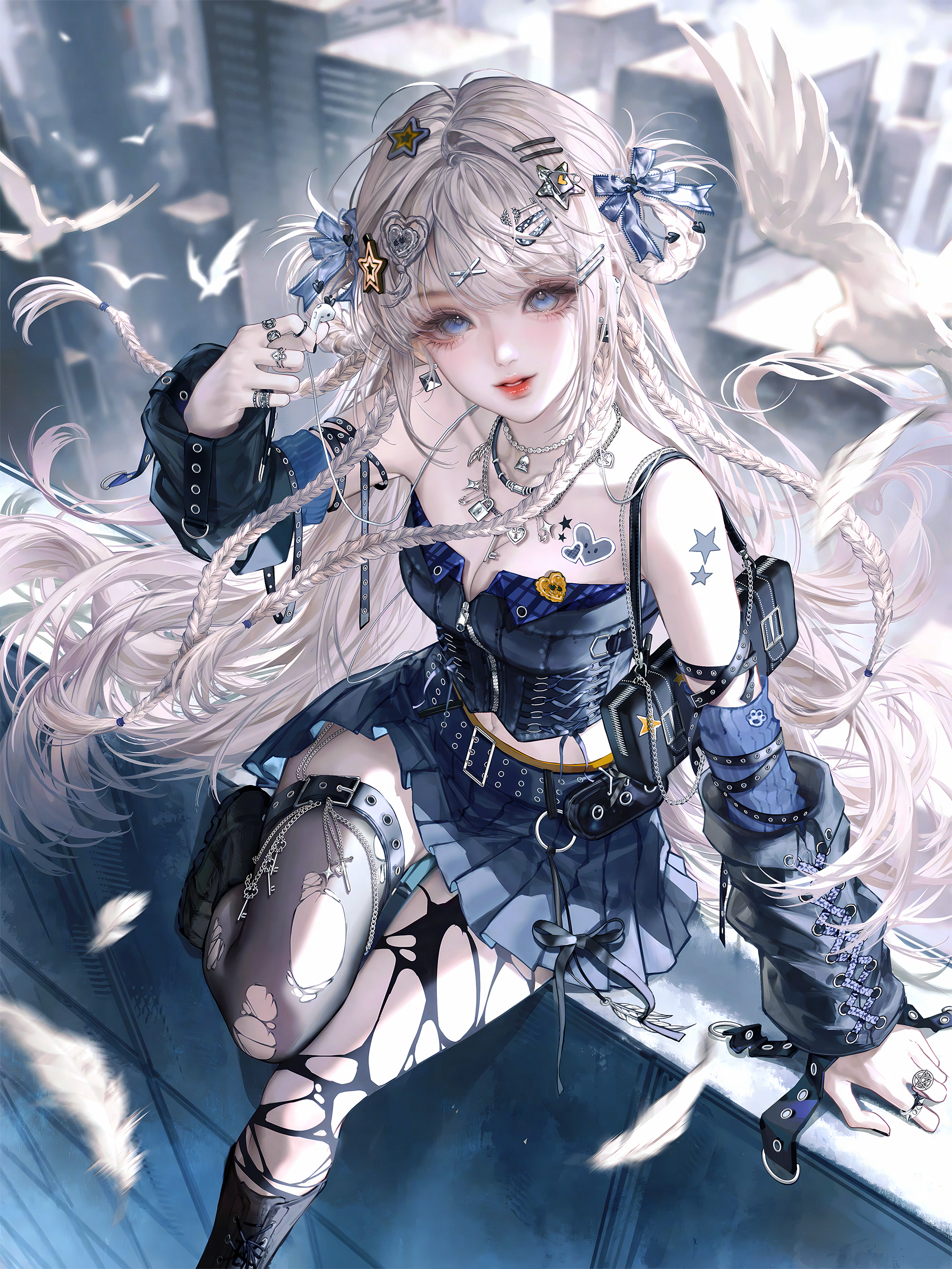 gloriash, original, absurdres, highres, 1girl, belt, bird, black thighhighs, blue bow, blue eyes, blue skirt, blurry, bow, braid, breasts, chain, cleavage, detached sleeves, feathers, hair bow, hair orament, hair ornament, hairclip, jewelry, long hair, looking at viewer, miniskirt, multiple rings, necklace, outdoors, pleated skirt, red lips, ring, sitting, skirt, solo, star symbol, tattoo, thighhighs, torn clothes, torn thighhighs, twin braids, very long hair, white hair