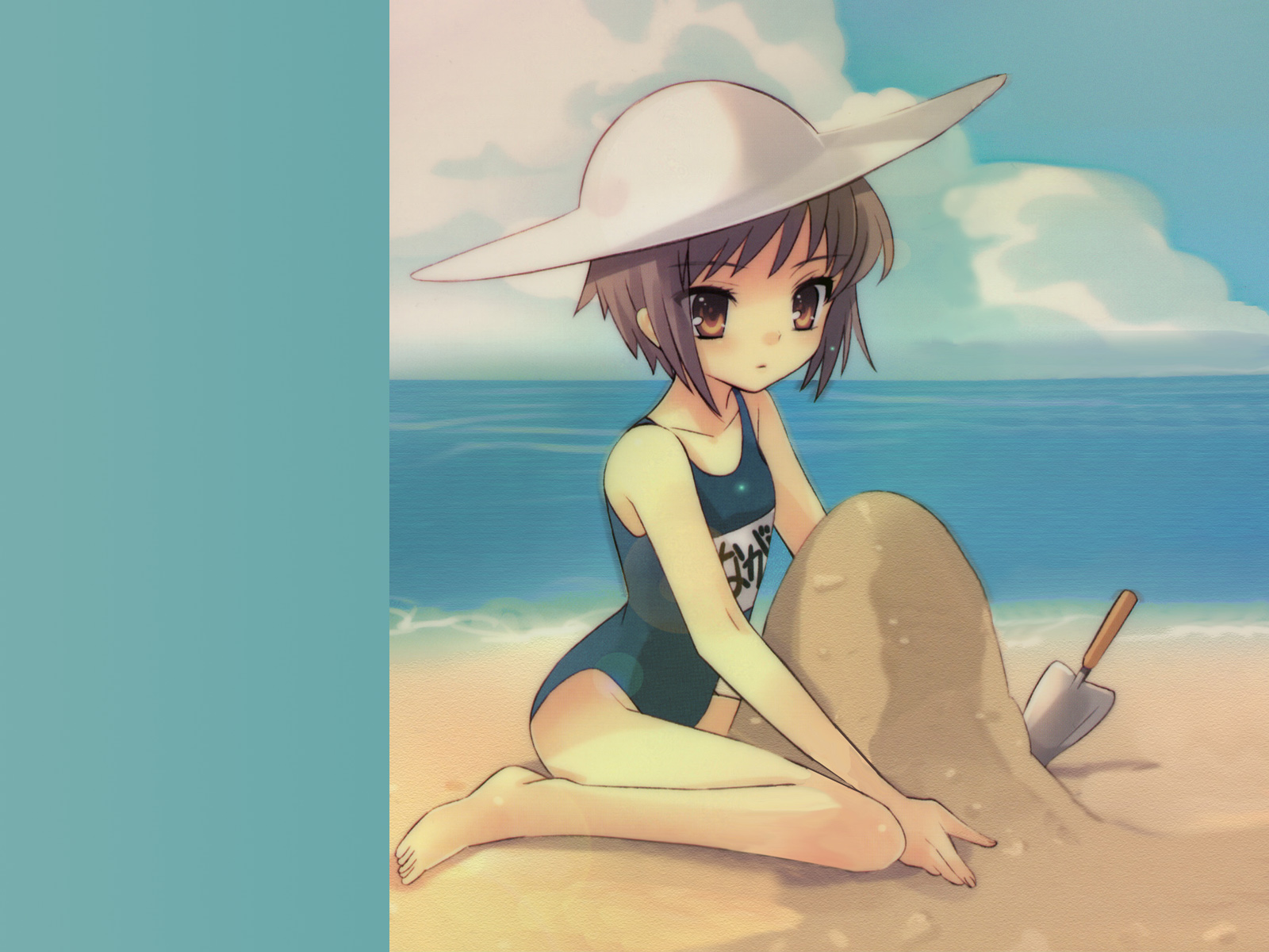 nagato yuki, suzumiya haruhi no yuuutsu, silver hair, highres, 00s, 1girl, brown eyes, building sand sculpture, cloud, day, female focus, hat, ocean, one-piece swimsuit, purple hair, sand castle, sand sculpture, school swimsuit, short hair, shovel, sky, solo, swimsuit, trowel, worktool