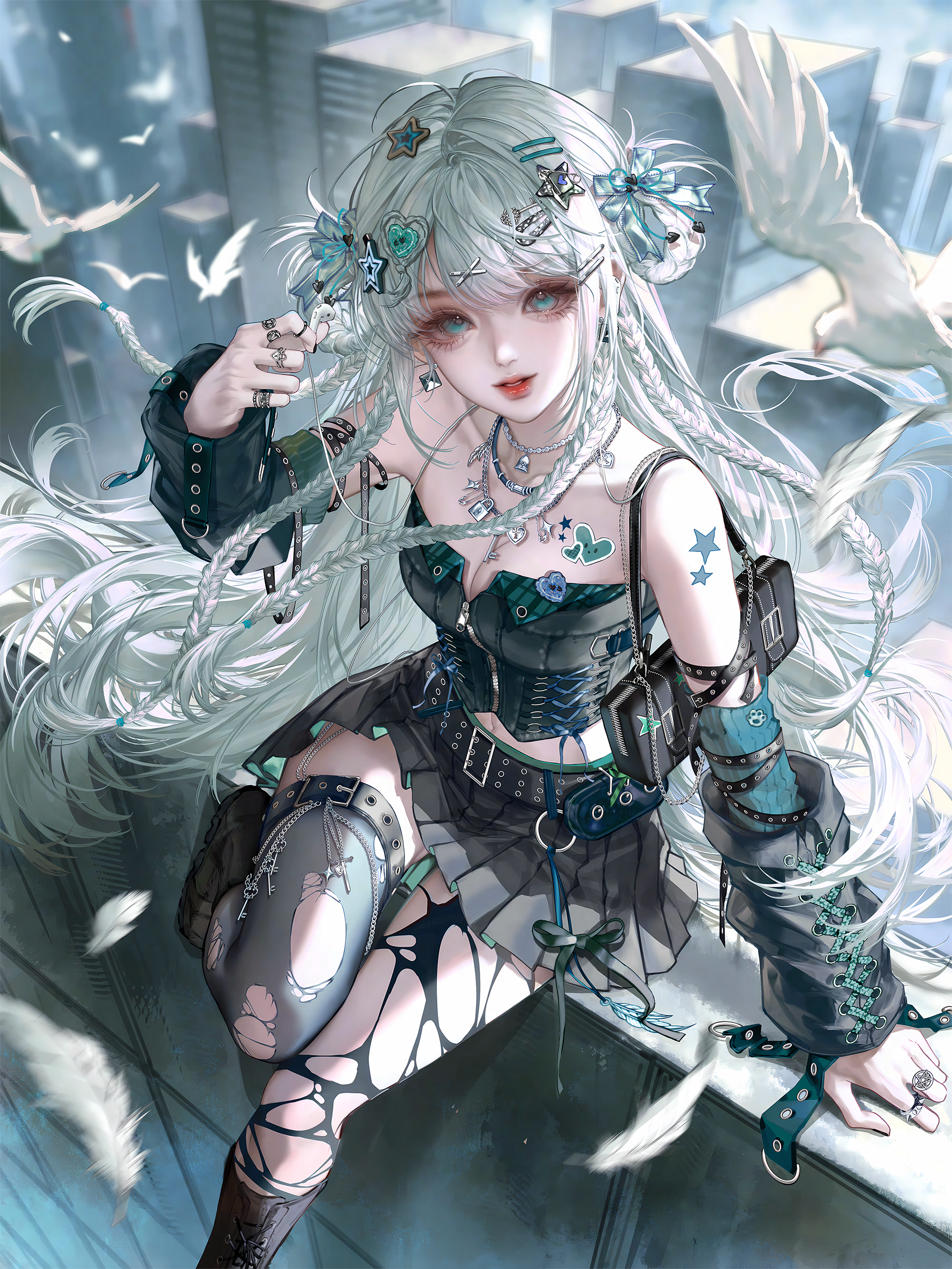 gloriash, original, absurdres, highres, 1girl, arm support, arm tattoo, bag, bare shoulders, beads, belt, bird, black skirt, black thighhighs, blue bow, blurry, boots, bow, braid, breasts, buckle, building, chain, cleavage, cross, day, depth of field, detached sleeves, dove, earrings, feathers, floating hair, hair bow, hair orament, hair ornament, hair rings, hairclip, heart, jewelry, lipstick, long hair, long sleeves, looking at viewer, makeup, medium breasts, midriff, miniskirt, multiple rings, necklace, outdoors, piercing, pleated skirt, red lips, ribbon, ring, shirt, sitting, skirt, solo, star symbol, tattoo, thighhighs, torn clothes, torn thighhighs, twin braids, very long hair, white hair, x hair ornament