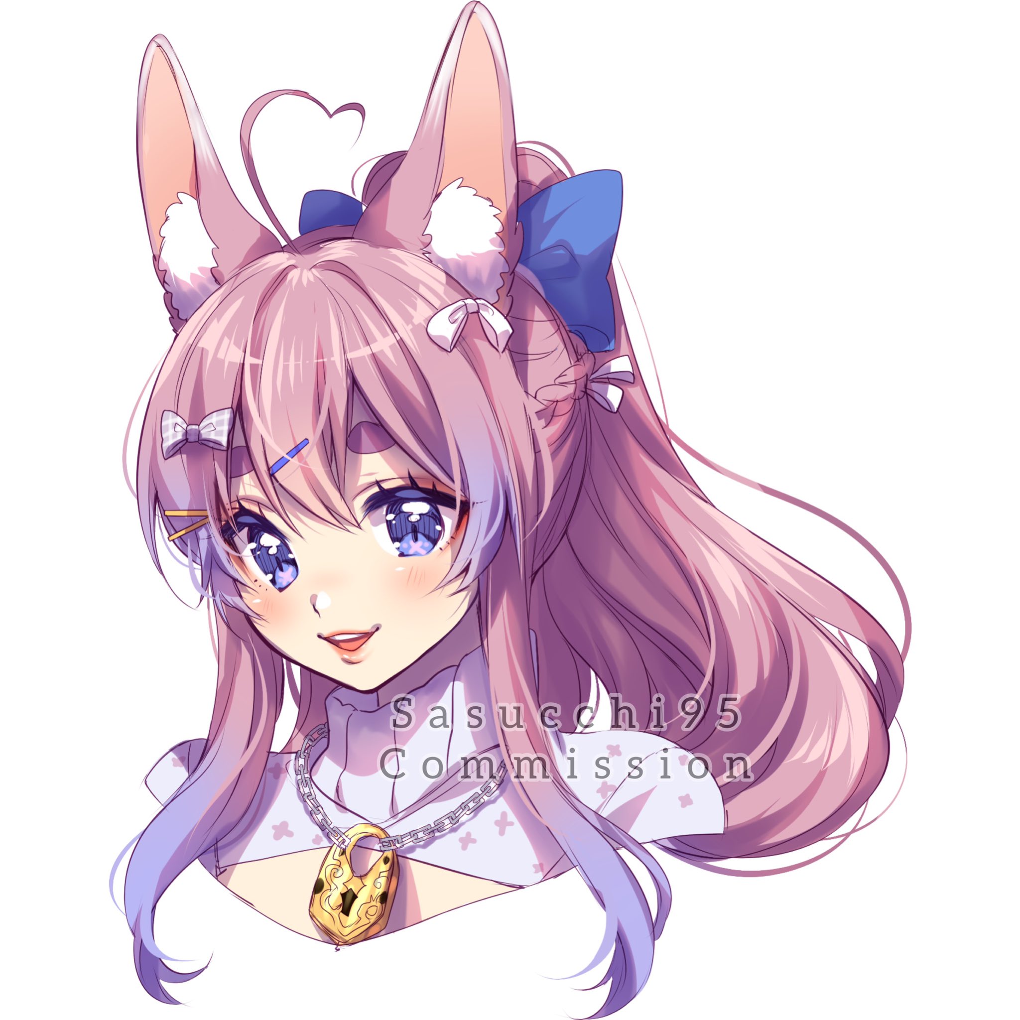 sasucchi95, original, silver necklace, commentary, commission, english commentary, highres, 1girl, :d, ahoge, animal ear fluff, animal ears, artist name, blue bow, blush, bow, braid, chain, chain necklace, cleavage cutout, clothing cutout, cropped shoulders, double-parted bangs, gradient hair, hair between eyes, hair bow, hair ornament, half up braid, heart, heart ahoge, high ponytail, jewelry, lips, long hair, looking at viewer, multicolored hair, necklace, open mouth, pink hair, ponytail, purple eyes, purple hair, sidelocks, simple background, smile, solo, sweater, teeth, thick eyebrows, tongue, turtleneck, turtleneck sweater, two-tone hair, upper teeth only, watermark, white background, white bow, white sweater