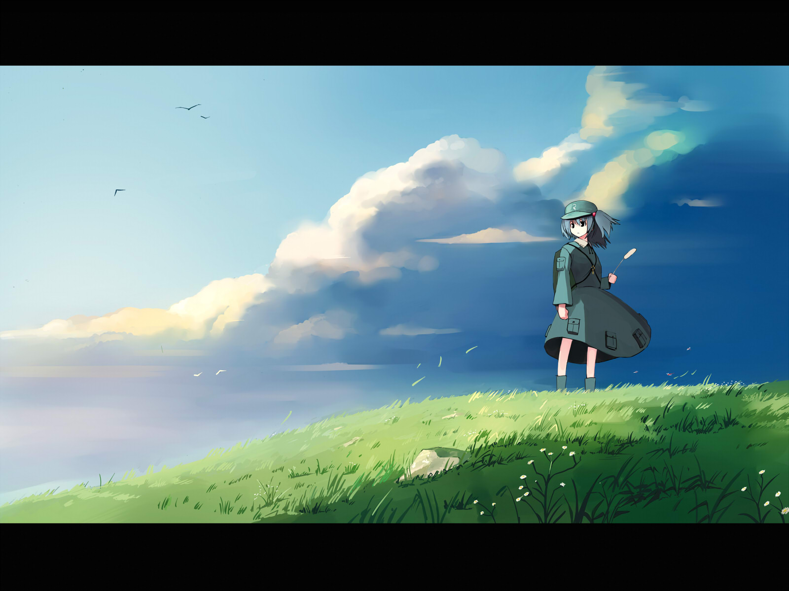 seo tatsuya, kawashiro nitori, touhou, highres, 1girl, bag, blue hair, blue hat, cloud, day, female focus, hat, letterboxed, nature, outdoors, plant, pocket, scenery, short hair, sky, solo, standing, two side up