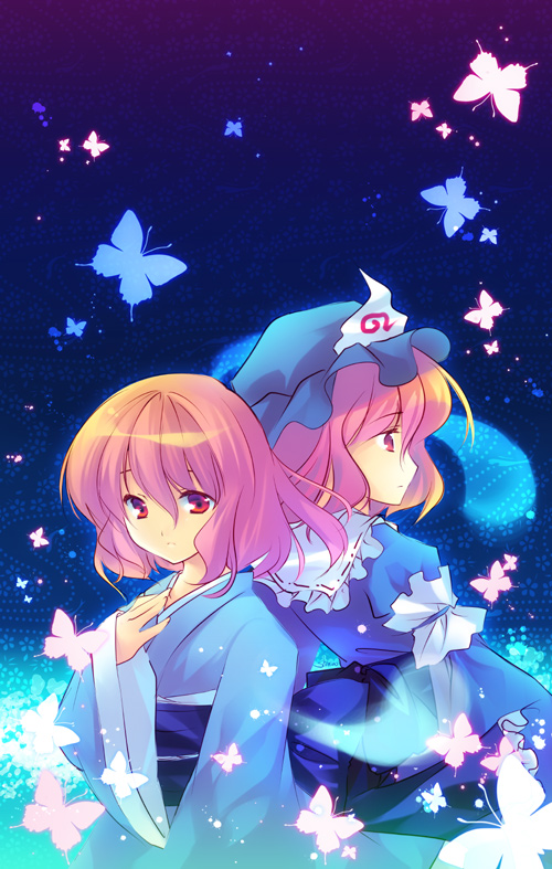 shinia, saigyouji yuyuko, touhou, bad id, bad pixiv id, 2girls, back-to-back, bug, butterfly, dual persona, expressionless, female focus, ghost, hand on own chest, hat, japanese clothes, kimono, multiple girls, no headwear, pink hair, red eyes, short hair