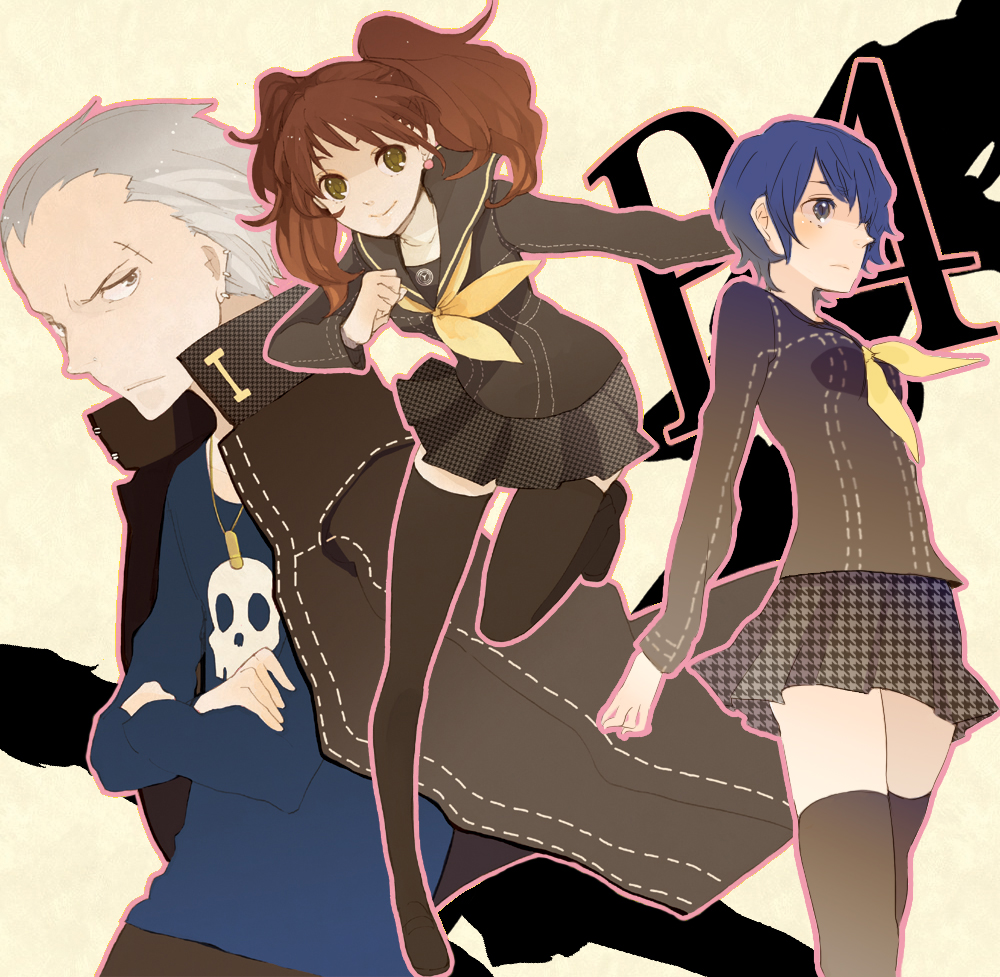hagiko, kujikawa rise, shirogane naoto, tatsumi kanji, atlus, persona, persona 4, silver hair, bad id, bad pixiv id, 1boy, 2girls, androgynous, blue hair, brown hair, houndstooth, multiple girls, reverse trap, school uniform, serafuku, short hair, skirt, thighhighs, twintails