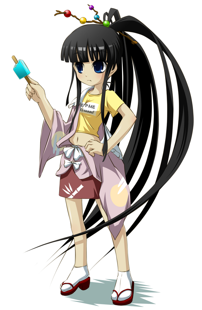noya makoto, houraisan kaguya, touhou, 1girl, branch, child, female focus, food, jeweled branch of hourai, navel, ponytail, popsicle, socks, solo