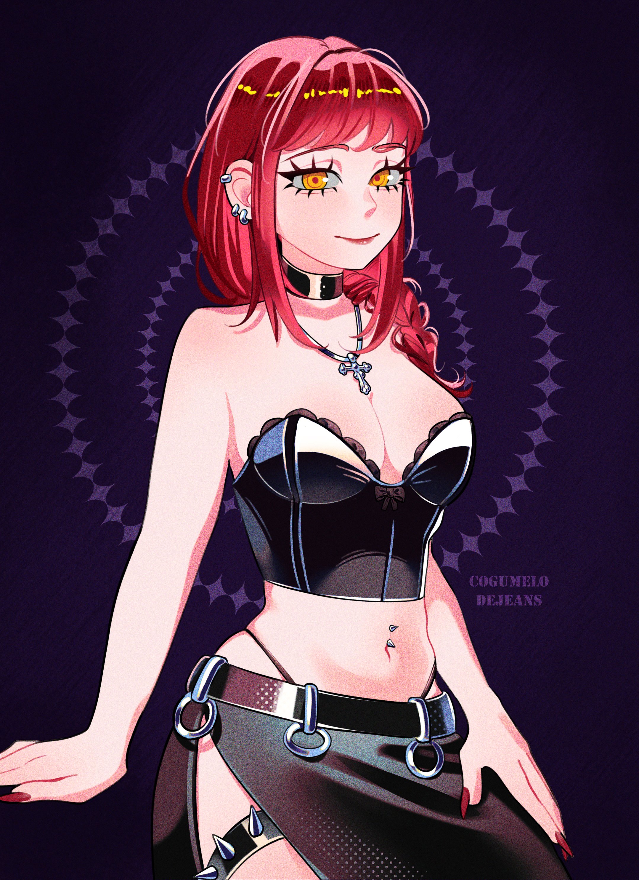 makima (chainsaw man), chainsaw man, absurdres, highres, 1girl, belt, black belt, black choker, black skirt, breasts, choker, closed mouth, cogumelodejeans, cross, cross necklace, ear piercing, jewelry, large breasts, long hair, looking at viewer, navel, navel piercing, necklace, piercing, purple background, red hair, red nails, skirt, solo, spiked thigh strap, yellow eyes