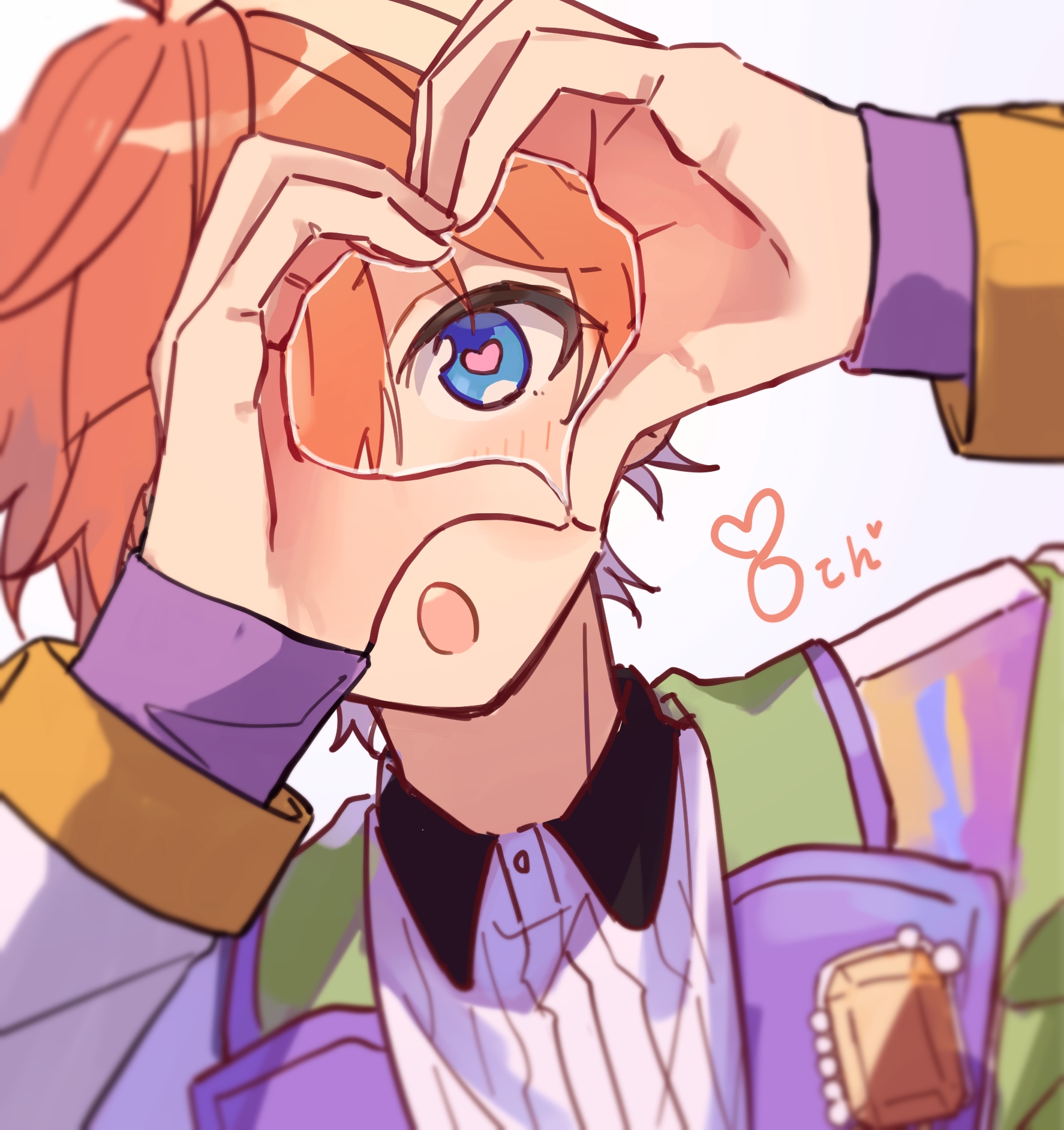 zu tonatuyasumi, akehoshi subaru, ensemble stars!, highres, 1boy, arms up, blue eyes, blush, hair between eyes, heart, heart hands, heart in eye, jacket, long sleeves, looking at viewer, male focus, multicolored jacket, open mouth, orange hair, portrait, short hair, simple background, solo, symbol in eye, white background