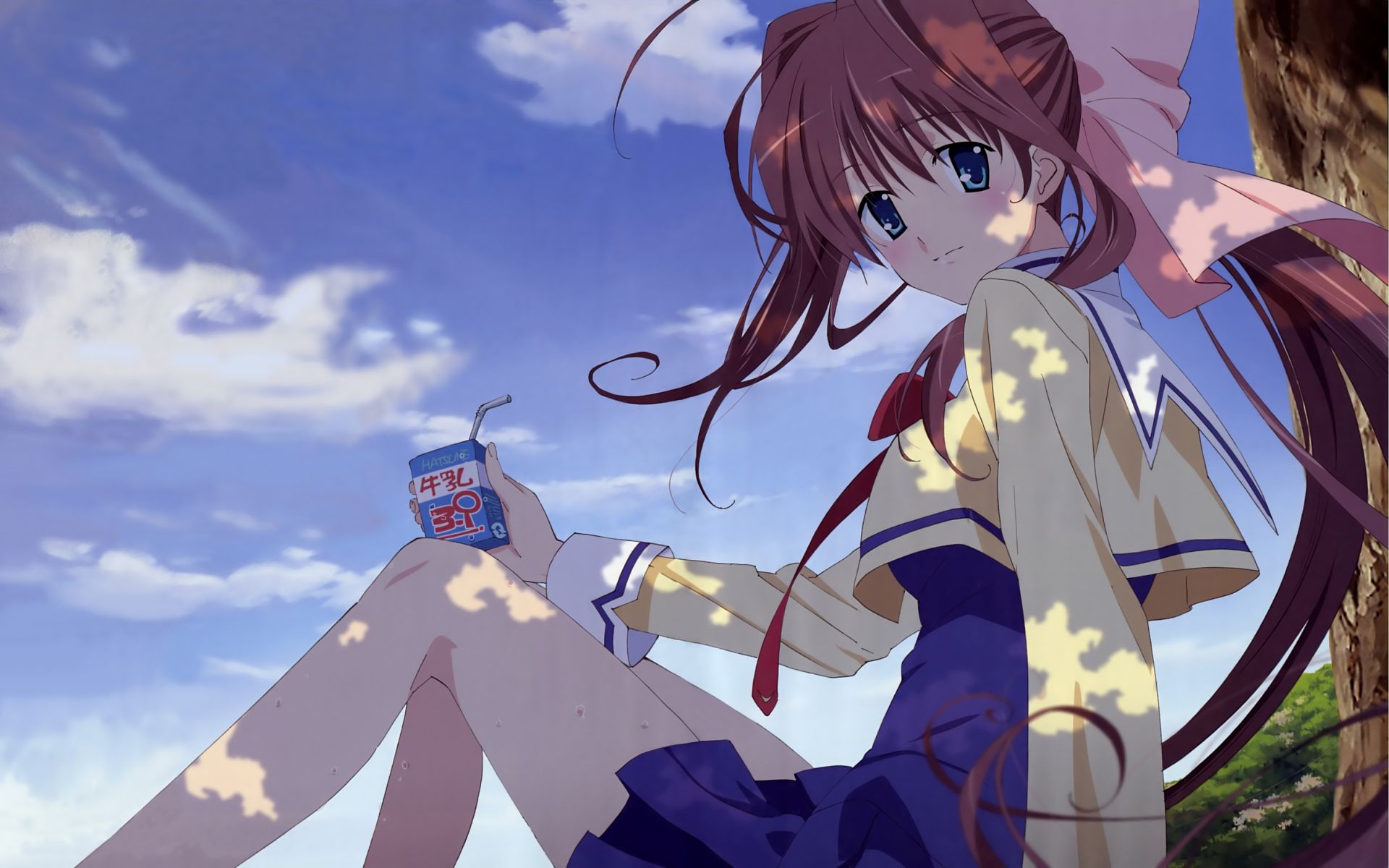 shimazawa noriko, asakura otome, da capo, da capo ii, highres, 00s, 1girl, blue eyes, brown hair, dappled sunlight, female focus, hair ribbon, milk, ponytail, ribbon, school uniform, serafuku, shade, sitting, solo, sunlight