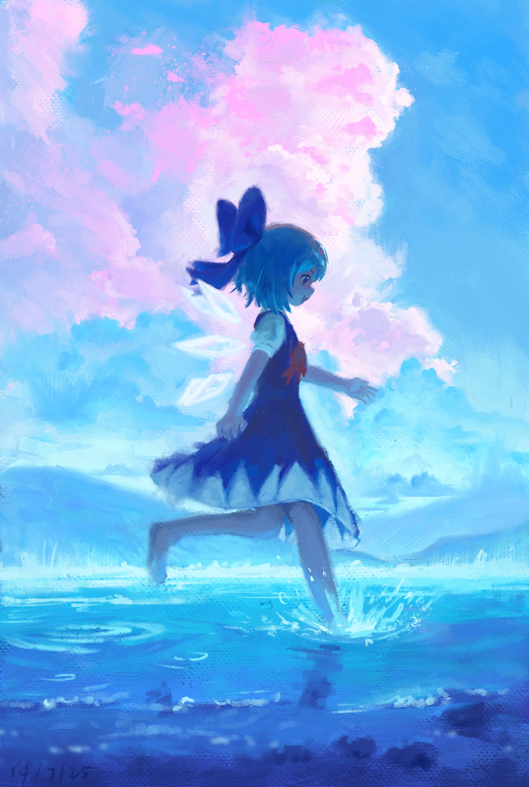 cirno, touhou, absurdres, commentary request, highres, 1girl, barefoot, blue background, blue bow, blue dress, blue eyes, blue hair, blue sky, bow, cloud, cloudy sky, dated, detached wings, dress, fairy, from side, full body, hair bow, ice, ice wings, knees, misty lake, mountainous horizon, neckerchief, pink clouds, profile, red neckerchief, ripples, shirt, short hair, short sleeves, sky, solo, splashing, takerdaze, wading, water, white shirt, wings