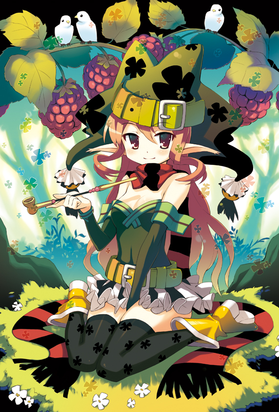 oryo (oryo04), original, bad id, bad pixiv id, 1girl, belt, bird, brown hair, female focus, food, fruit, hat, holding, holding smoking pipe, kiseru, long hair, pointy ears, raspberry, red eyes, scarf, sitting, skirt, smoking pipe, solo, thighhighs