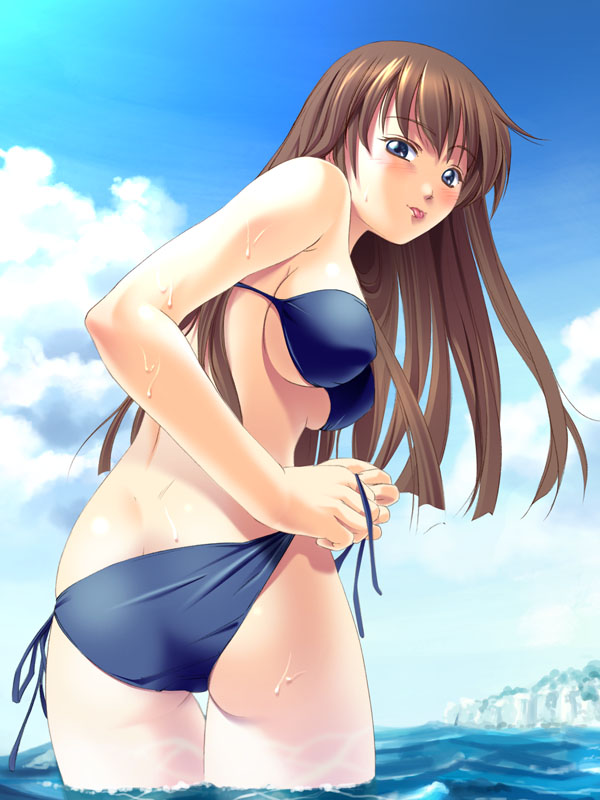 jiyuuyuu, 1girl, :p, ass, back, bikini, black bikini, blue eyes, blush, breasts, brown hair, cloud, day, female focus, large breasts, long hair, ocean, outdoors, side-tie bikini bottom, sideboob, sky, solo, swimsuit, tongue, tongue out, underboob, water, wet