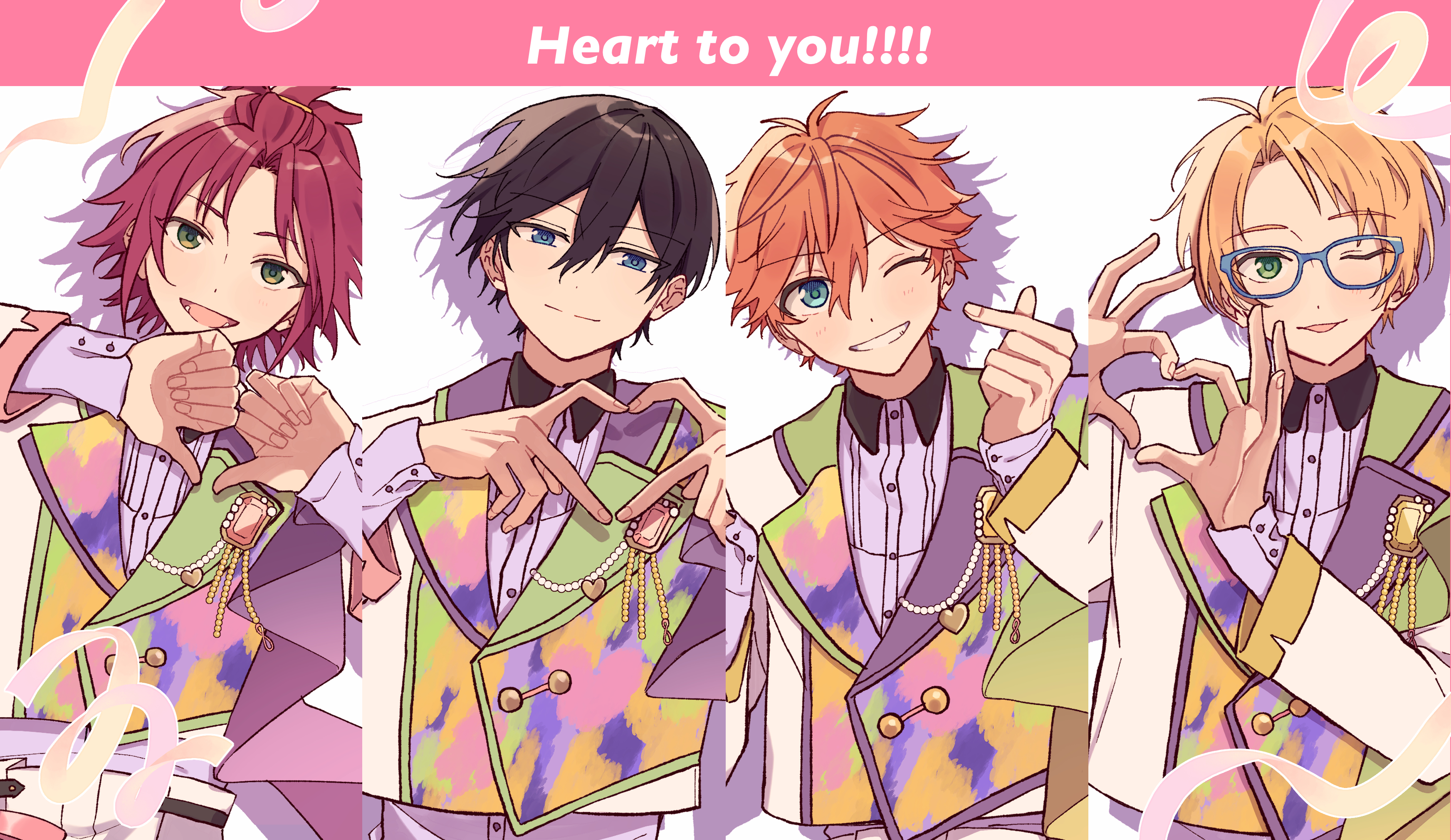 zu tonatuyasumi, akehoshi subaru, hidaka hokuto, isara mao, yuuki makoto (ensemble stars!), ensemble stars!, absurdres, highres, 4boys, bangs pinned back, black hair, blonde hair, blue-framed eyewear, blue eyes, closed mouth, drop shadow, english text, finger heart, four-finger heart hands, glasses, green eyes, hair between eyes, heart, heart hands, jacket, looking at viewer, multicolored jacket, multiple boys, one eye closed, open mouth, orange hair, red hair, short hair, smile, thumbs down, thumbs down heart hands, tongue, tongue out, trickstar (ensemble stars!)