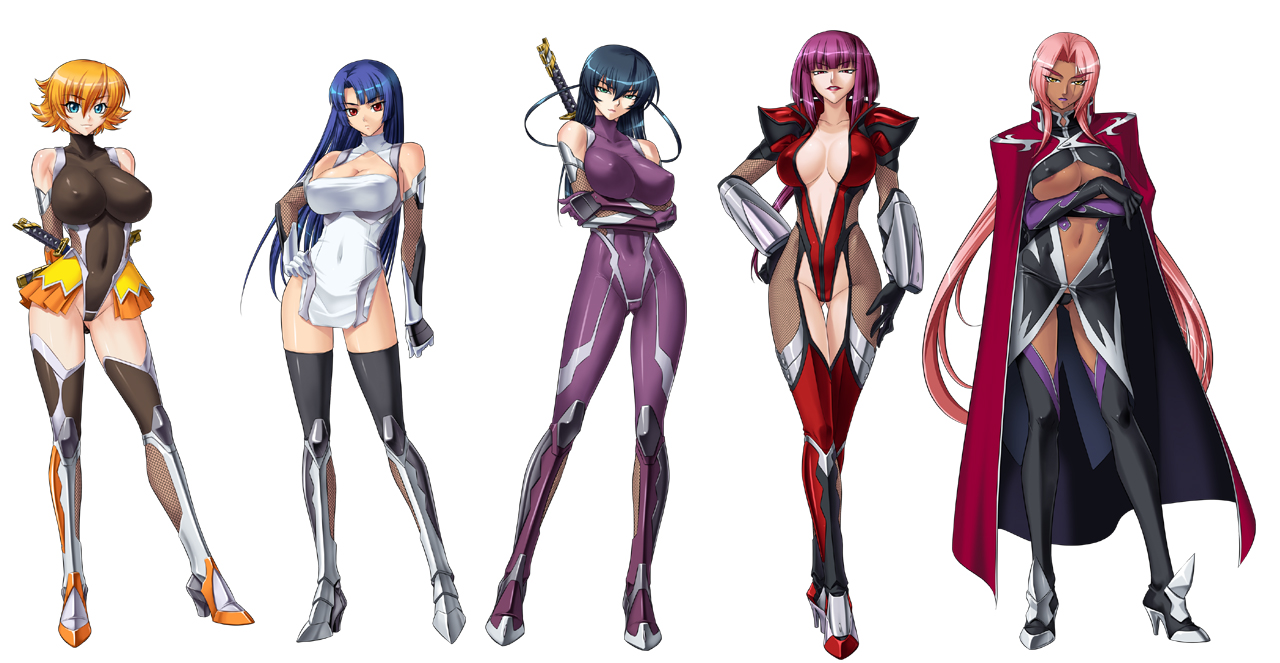 kagami hirotaka, igawa asagi, igawa sakura, ingrid (taimanin asagi), ingrid (taimanin murasaki), oboro (taimanin asagi), yatsu murasaki, taimanin (series), taimanin asagi, taimanin murasaki, black legwear, breast hold, official art, 00s, 5girls, areola slip, armor, arms behind back, bare shoulders, black hair, black leotard, black panties, blonde hair, blue eyes, blue hair, blunt bangs, bodysuit, boots, breasts, cape, center opening, cleavage, cleavage cutout, clenched hand, cloak, closed mouth, clothing cutout, collarbone, contrapposto, covered erect nipples, covered navel, crossed arms, crossed legs, dark-skinned female, dark skin, dress, elbow gloves, everyone, expressionless, female focus, fishnets, flipped hair, full body, gloves, greaves, grin, groin, hair between eyes, hair intakes, half-closed eyes, hand on own hip, hand on own thigh, head tilt, high heels, highleg, highleg leotard, hime cut, hip focus, impossible clothes, impossible leotard, katana, large breasts, legs, leotard, light smile, lineup, lipstick, long hair, looking at viewer, low ponytail, low twintails, makeup, miniskirt, mole, mole under mouth, multiple girls, navel, ninja, no bra, orange hair, panties, parted bangs, parted lips, pelvic curtain, pink hair, pleated skirt, ponytail, puffy sleeves, purple bodysuit, purple hair, purple lips, red eyes, red leotard, sheath, sheathed, shiny clothes, shiny skin, shoes, short dress, short hair, showgirl skirt, siblings, simple background, sisters, skin tight, skirt, smile, standing, sword, taut clothes, thick eyebrows, thigh boots, thigh gap, thighhighs, thighs, turtleneck, twintails, two side up, underboob, underwear, unitard, vambraces, very long hair, weapon, weapon on back, white background
