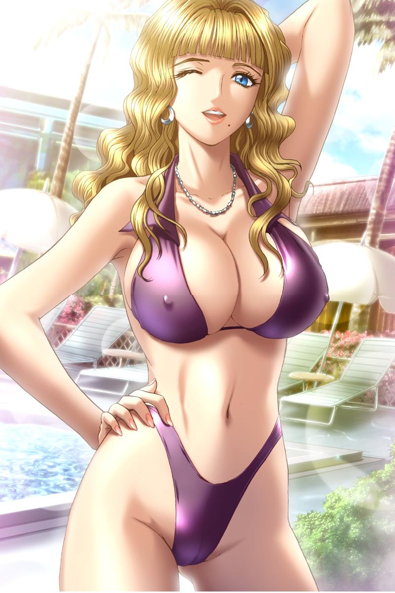nakamura nishiki, danni sinclair, sodom no shima, game cg, highres, non-web source, 1girl, arm up, armpits, beach chair, beach umbrella, bikini, blonde hair, blue eyes, breasts, cameltoe, chair, cleavage, covered erect nipples, earrings, female focus, highleg, highleg bikini, jewelry, large breasts, long hair, lounge chair, mole, mole under mouth, nail polish, navel, necklace, one eye closed, open mouth, pool, poolside, purple bikini, solo, swimsuit, umbrella, wink