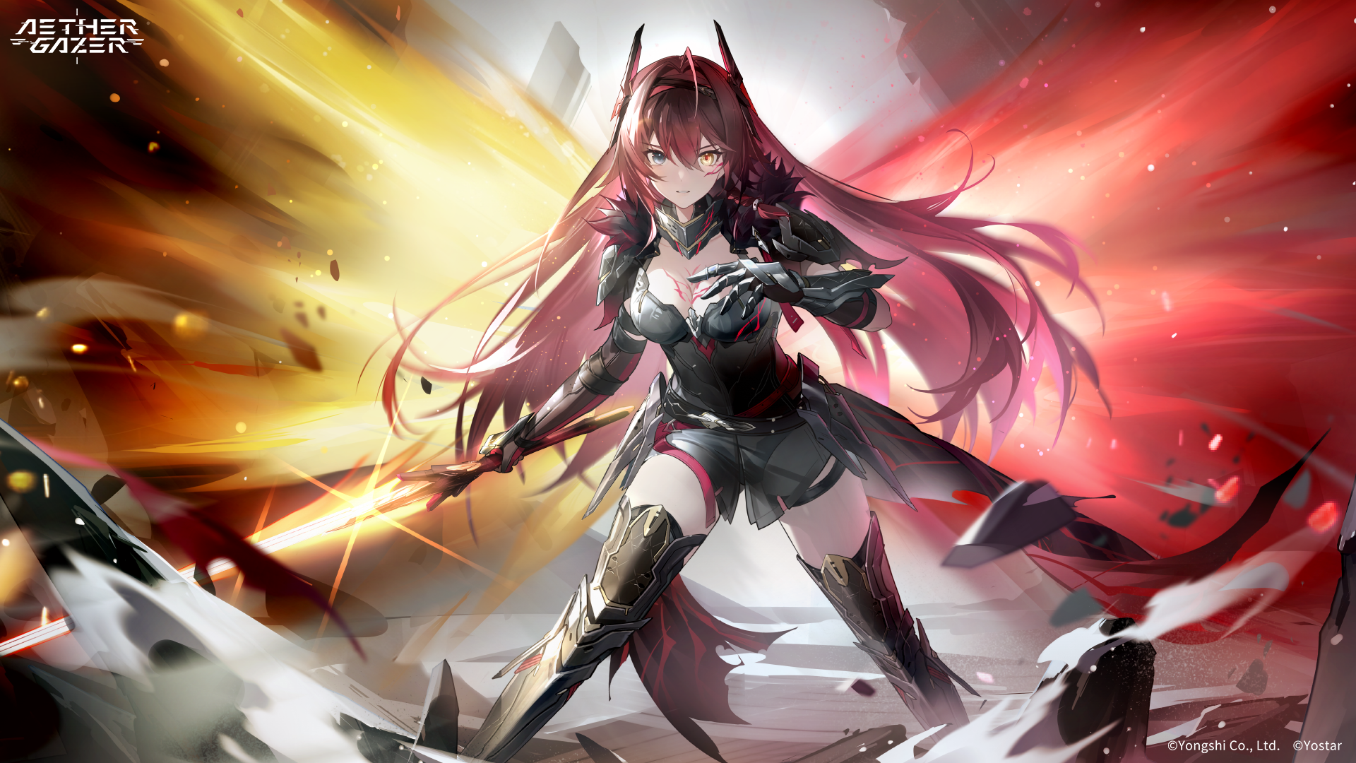 aether gazer, artist request, character request, highres, official art, second-party source, 1girl, ahoge, armor, armored boots, blue eyes, boots, breasts, chest tattoo, colored inner hair, copyright name, copyright notice, fur trim, gauntlets, heterochromia, holding, holding sword, holding weapon, long hair, multicolored hair, pink hair, red hair, shoulder armor, solo, sword, tattoo, weapon, yellow eyes